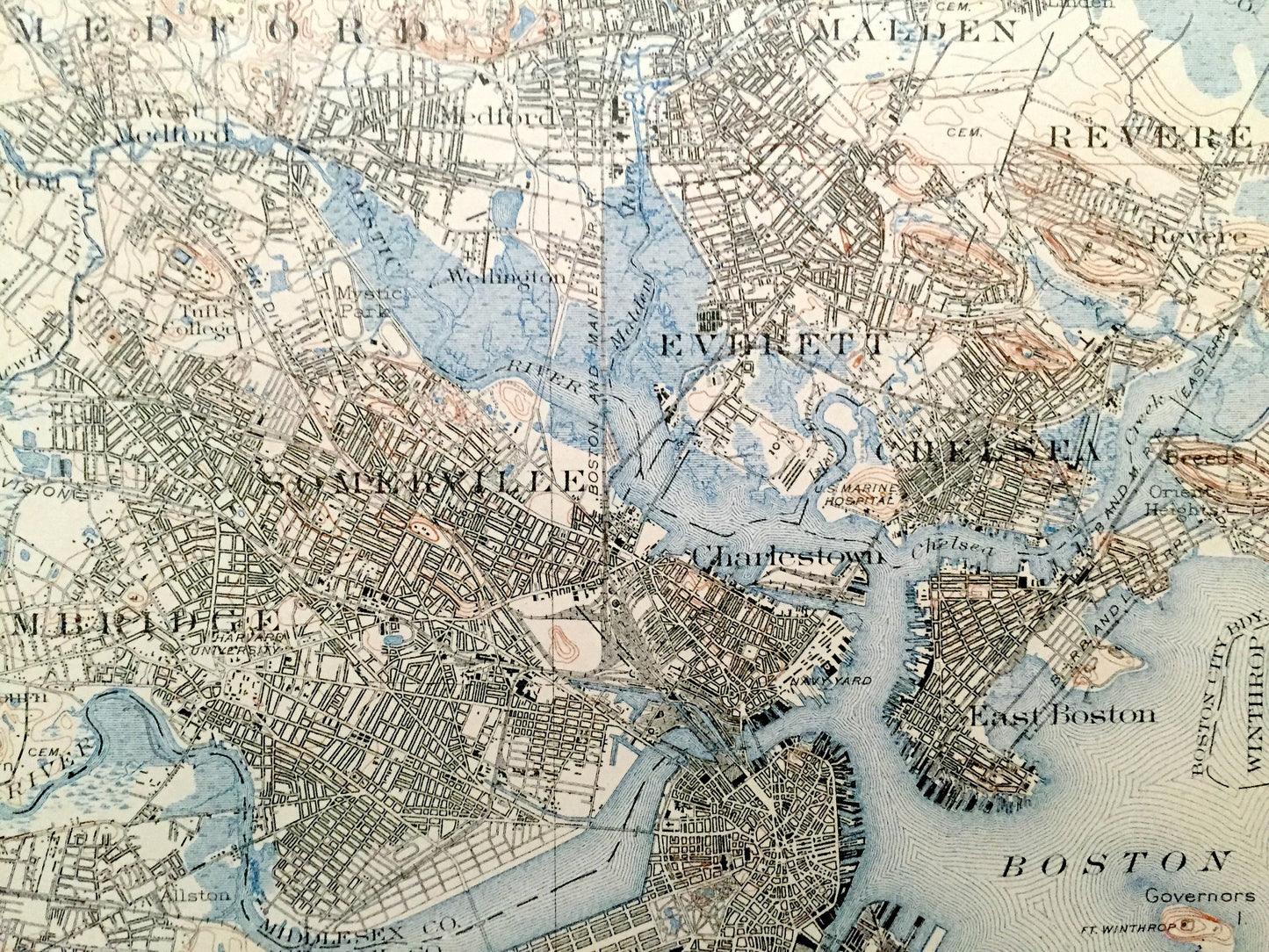 Antique Boston, Massachusetts 1903 US Geological Survey Topographic Map – Cambridge, Arlington, Brookline, Newton, Winchester, Lexington, MA