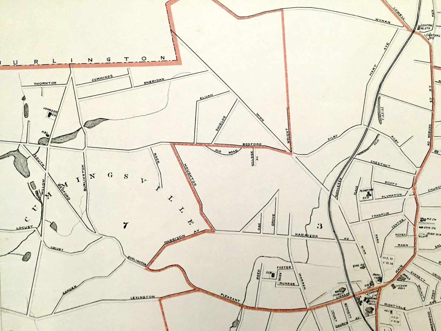 Antique 1891 Woburn, Massachusetts Street Map from George H Walker & Co – Middlesex County, Horn Pond, Mill Pond, Burlington, Winchester, MA