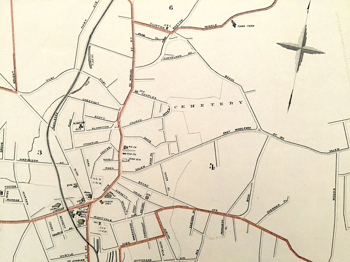 Antique 1891 Woburn, Massachusetts Street Map from George H Walker & Co – Middlesex County, Horn Pond, Mill Pond, Burlington, Winchester, MA