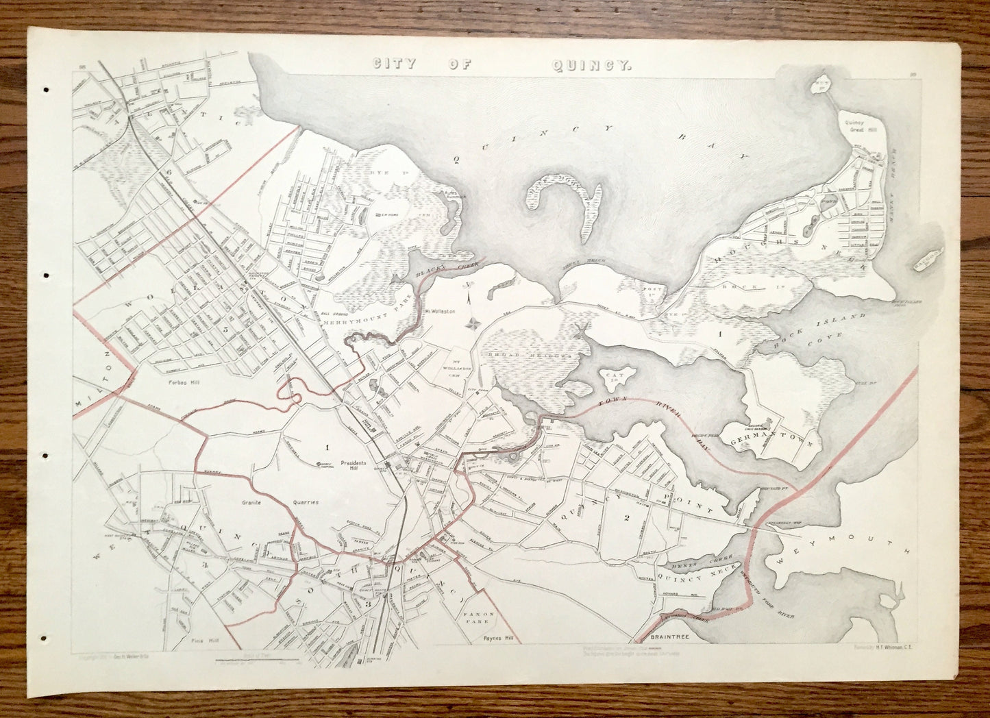 Antique 1891 Quincy, Massachusetts Street Map from George H Walker & Co – Norfolk County, Wollaston, Weymouth, Braintree, Rough Neck, MA