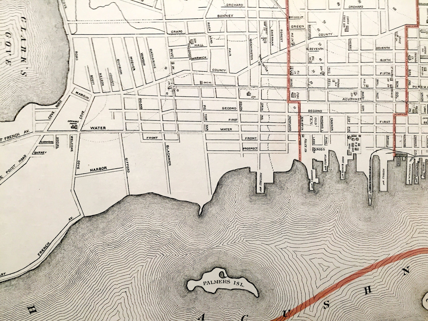 Antique 1891 New Bedford, Massachusetts Street Map from George H Walker & Co – Bristol County, Fairhaven, Acushnet River, Clark's Cove, MA