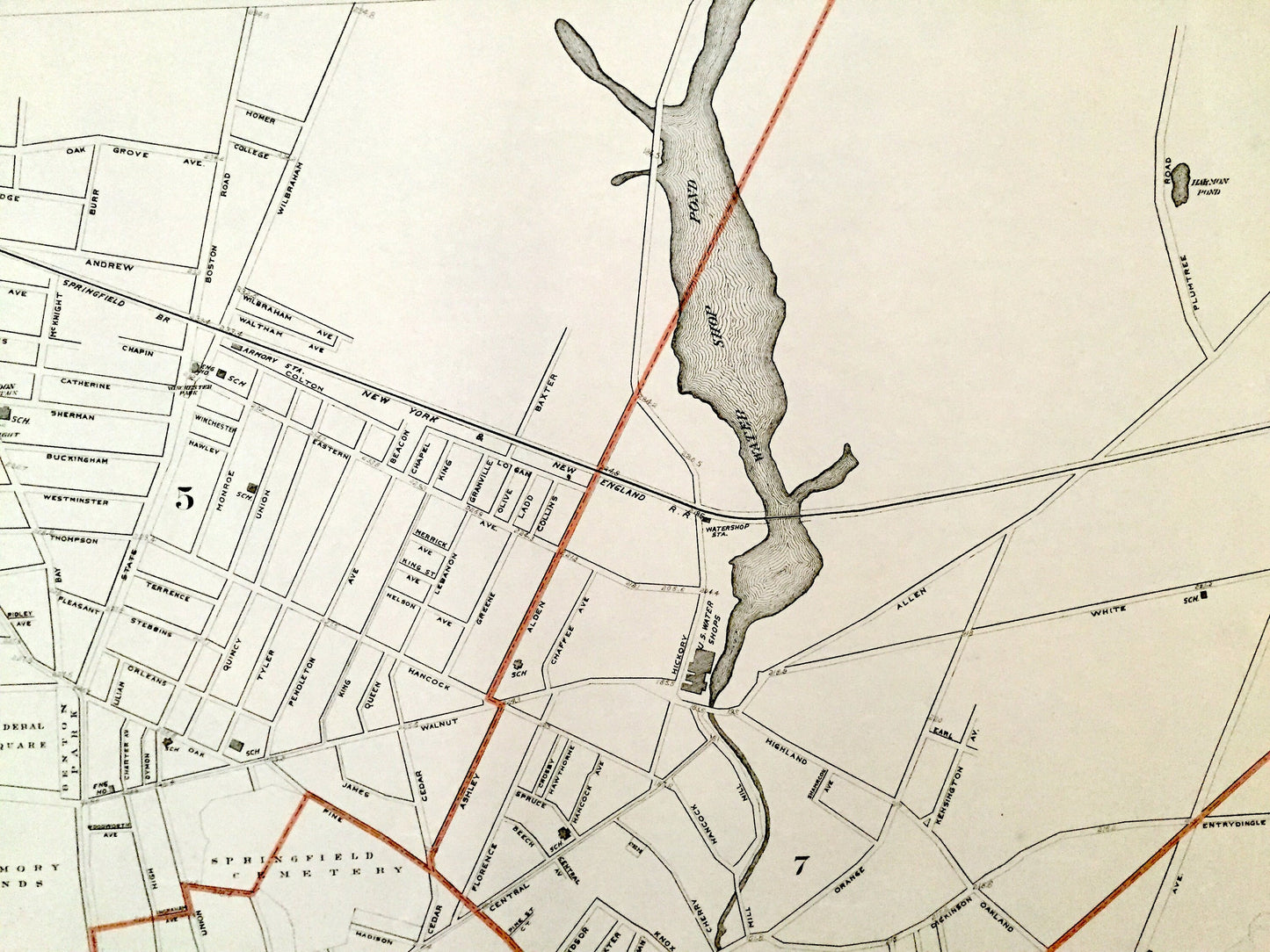 Antique 1891 Springfield, Massachusetts Street Map from George H Walker & Co – Hampden County, Connecticut River, Watershops Pond, MA