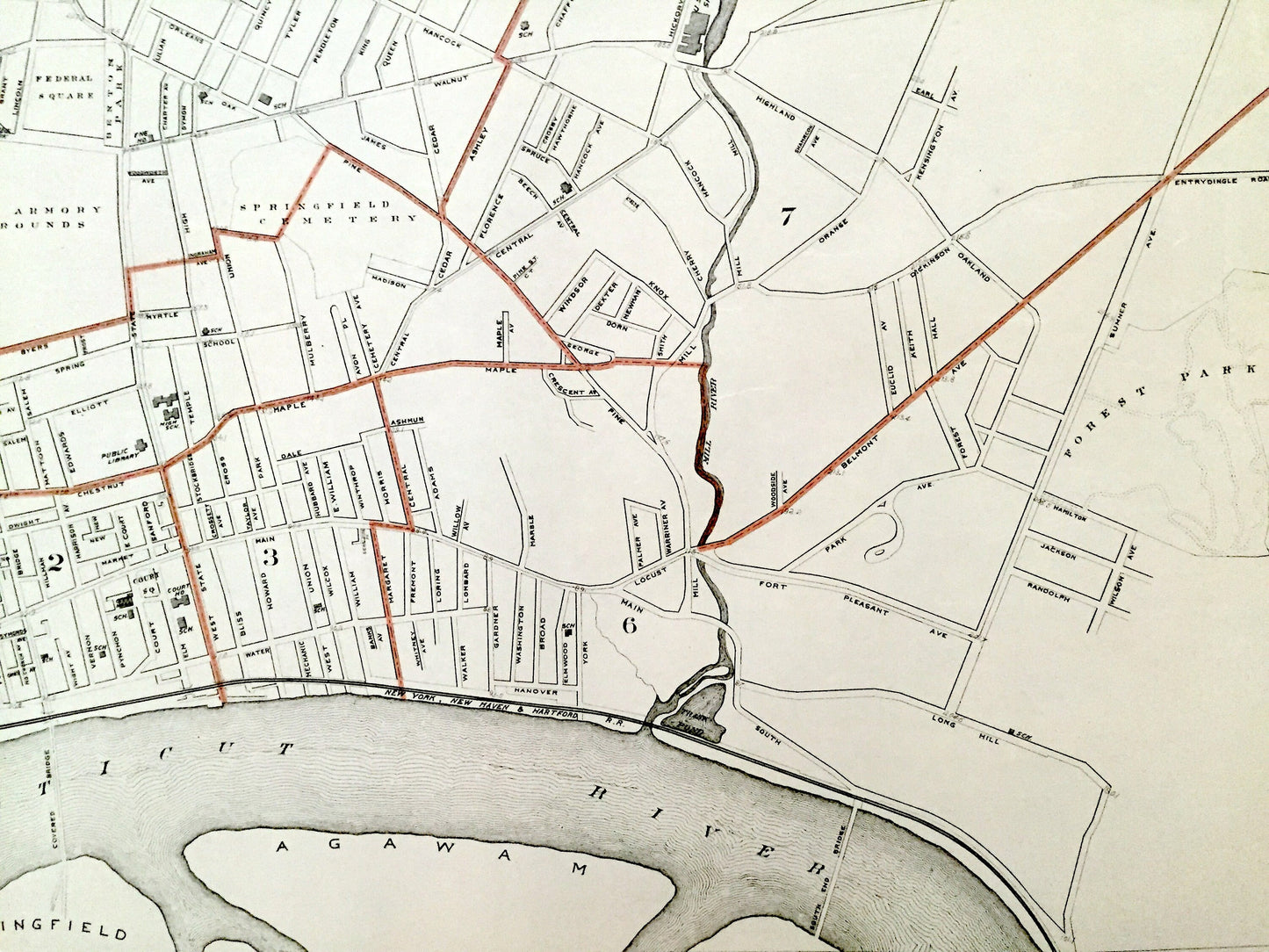 Antique 1891 Springfield, Massachusetts Street Map from George H Walker & Co – Hampden County, Connecticut River, Watershops Pond, MA