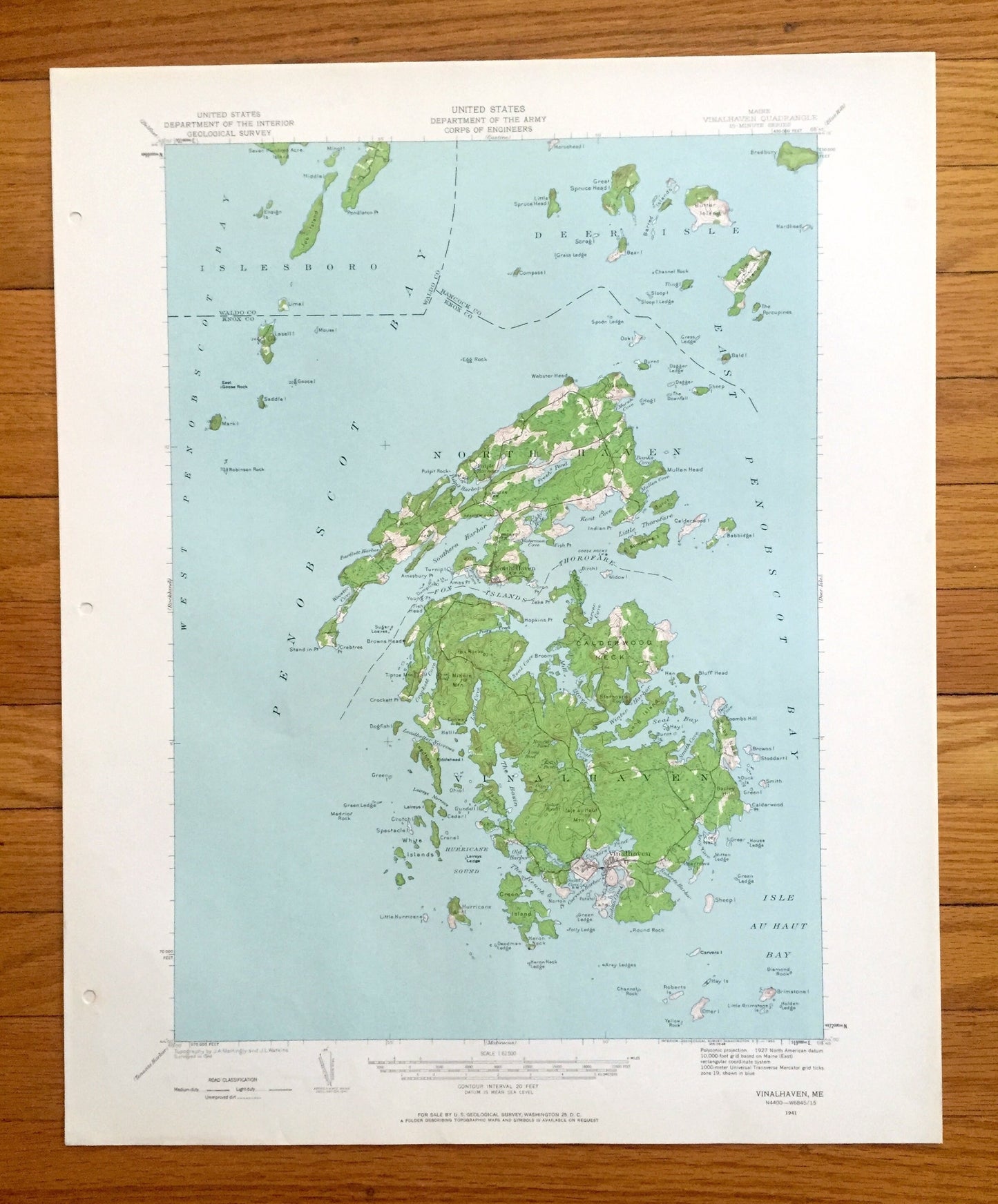 Antique Vinalhaven, Maine 1941 US Geological Survey Topographic Map – Isleboro, Deer Isle, North Haven, Isle Au Haut Bay, Knox, Hancock, ME