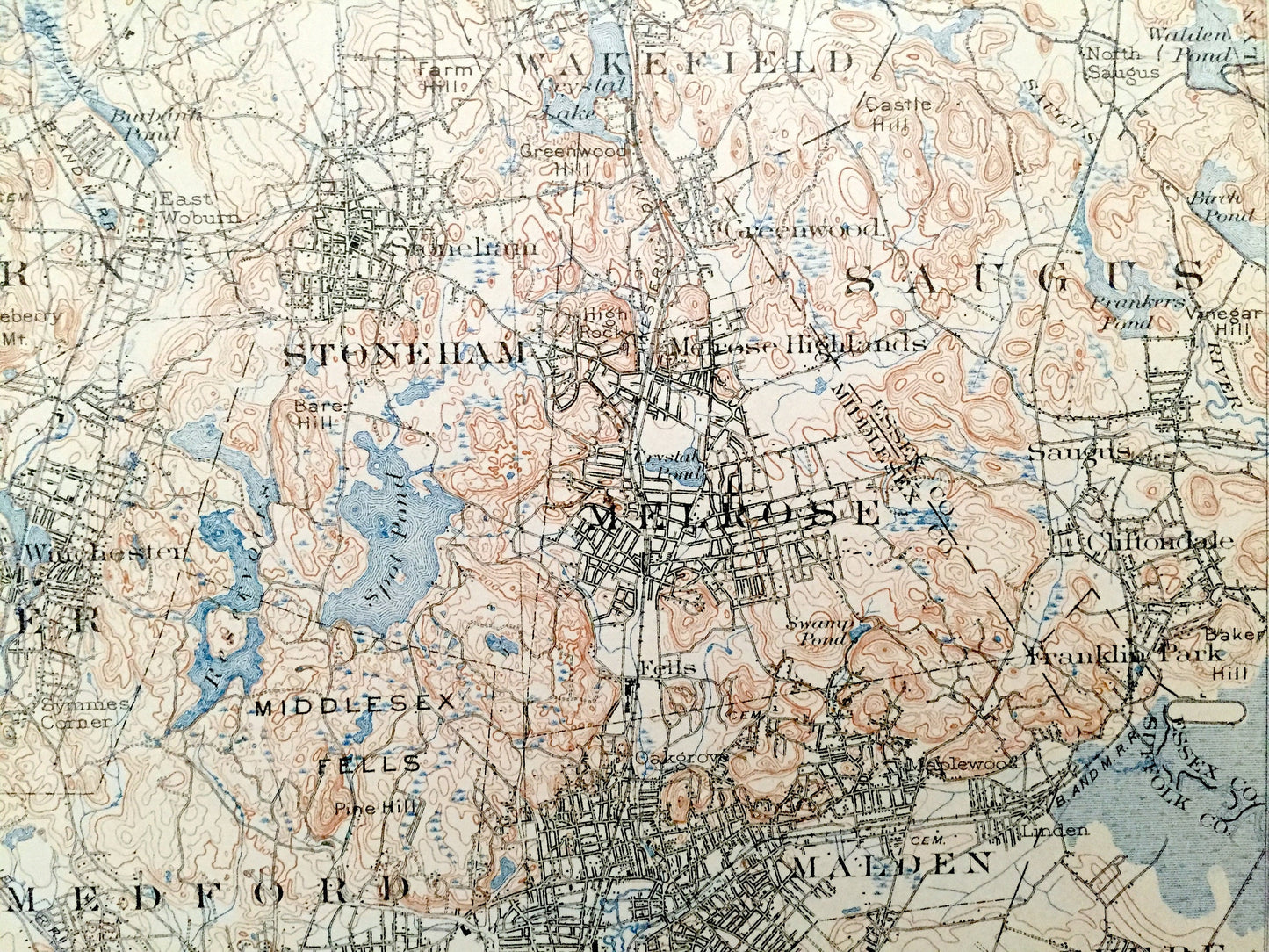 Antique Boston, Massachusetts 1903 US Geological Survey Topographic Map – Cambridge, Arlington, Brookline, Newton, Winchester, Lexington, MA