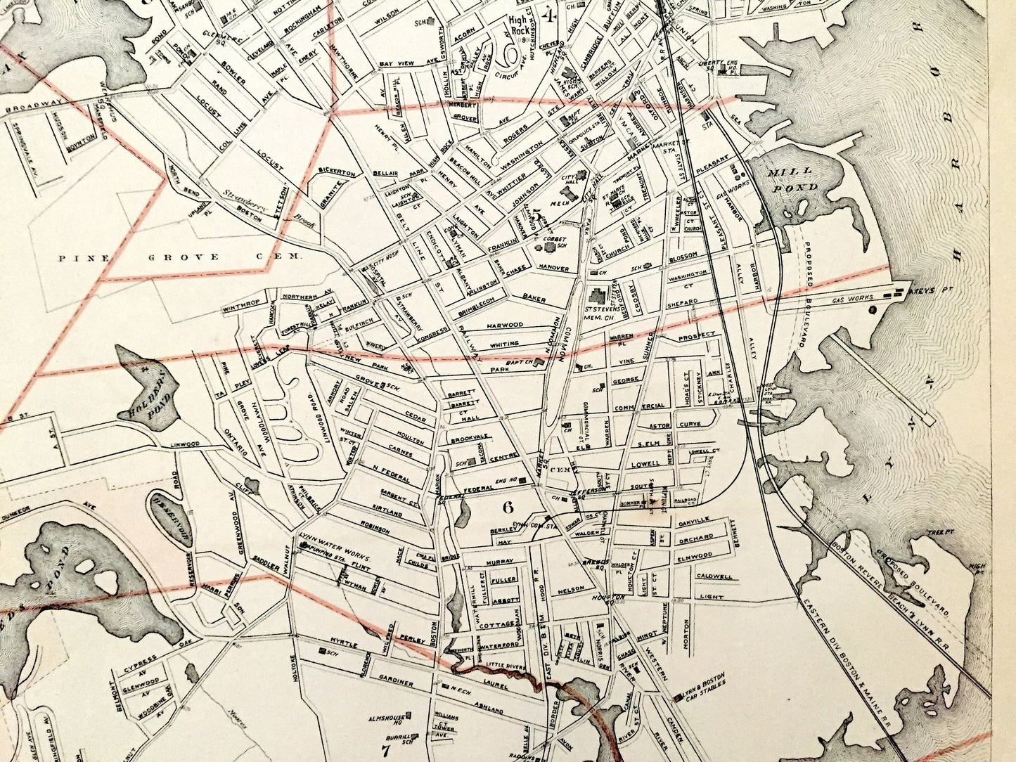 Antique 1891 Lynn, Massachusetts Street Map from George H Walker & Co – Essex County, Walden Pond, Breeds Pond, Saugus River, Lynn Harbor MA