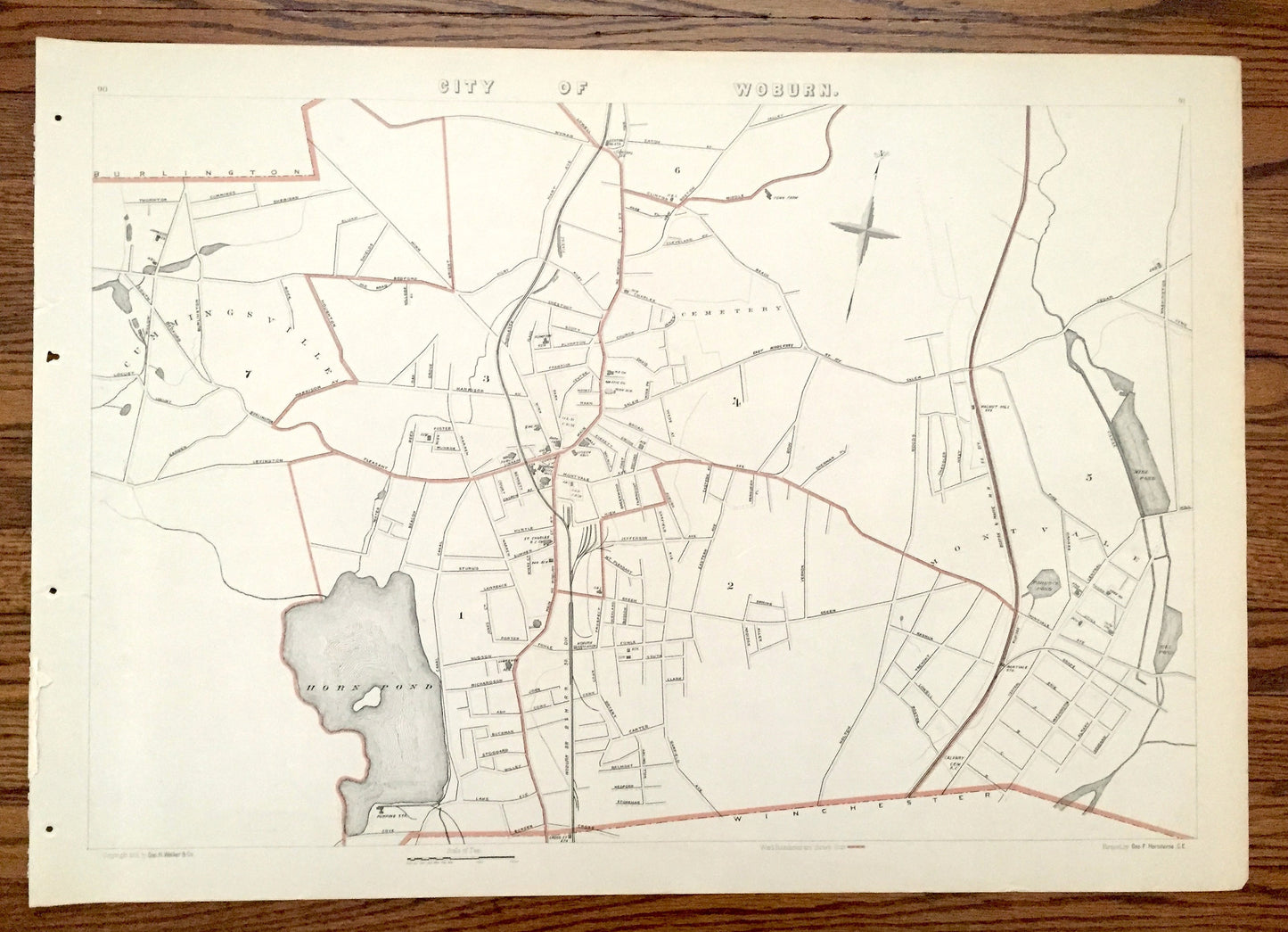 Antique 1891 Woburn, Massachusetts Street Map from George H Walker & Co – Middlesex County, Horn Pond, Mill Pond, Burlington, Winchester, MA