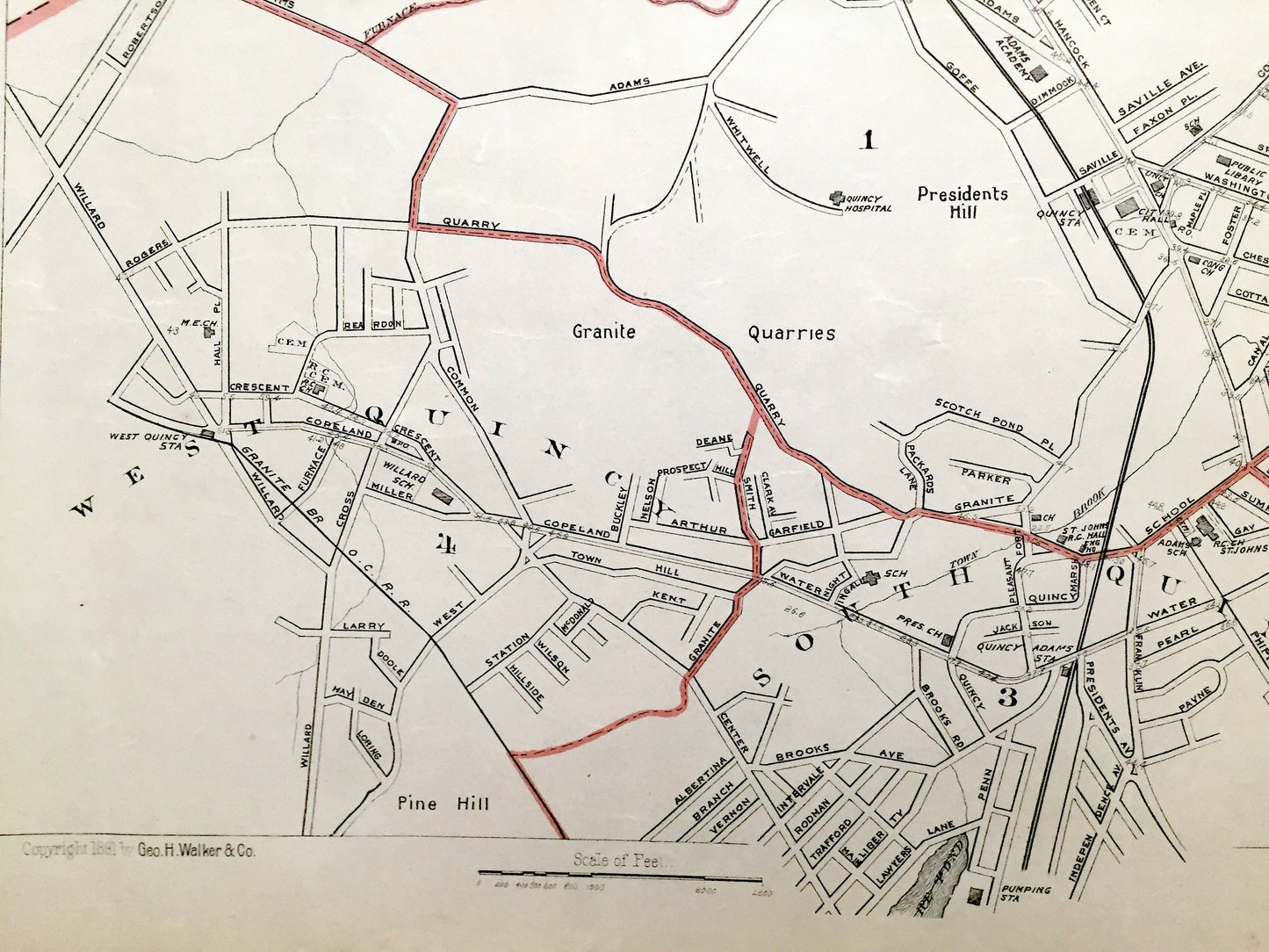 Antique 1891 Quincy, Massachusetts Street Map from George H Walker & Co – Norfolk County, Wollaston, Weymouth, Braintree, Rough Neck, MA