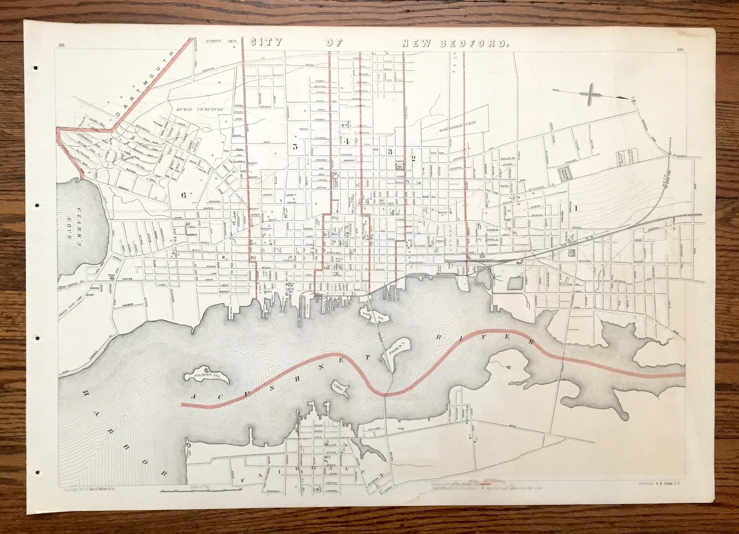 Antique 1891 New Bedford, Massachusetts Street Map from George H Walker & Co – Bristol County, Fairhaven, Acushnet River, Clark's Cove, MA