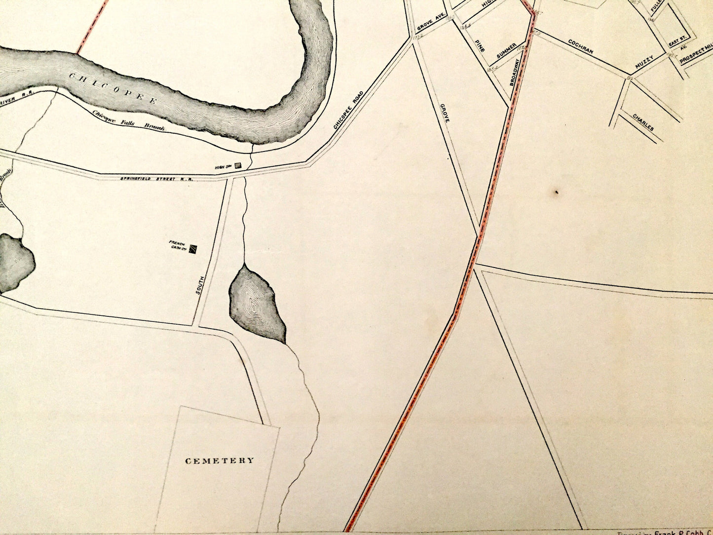 Antique 1891 Chicopee, Massachusetts Street Map from George H Walker & Co – Hampden County, Connecticut River, Chicopee River, cemetery, MA