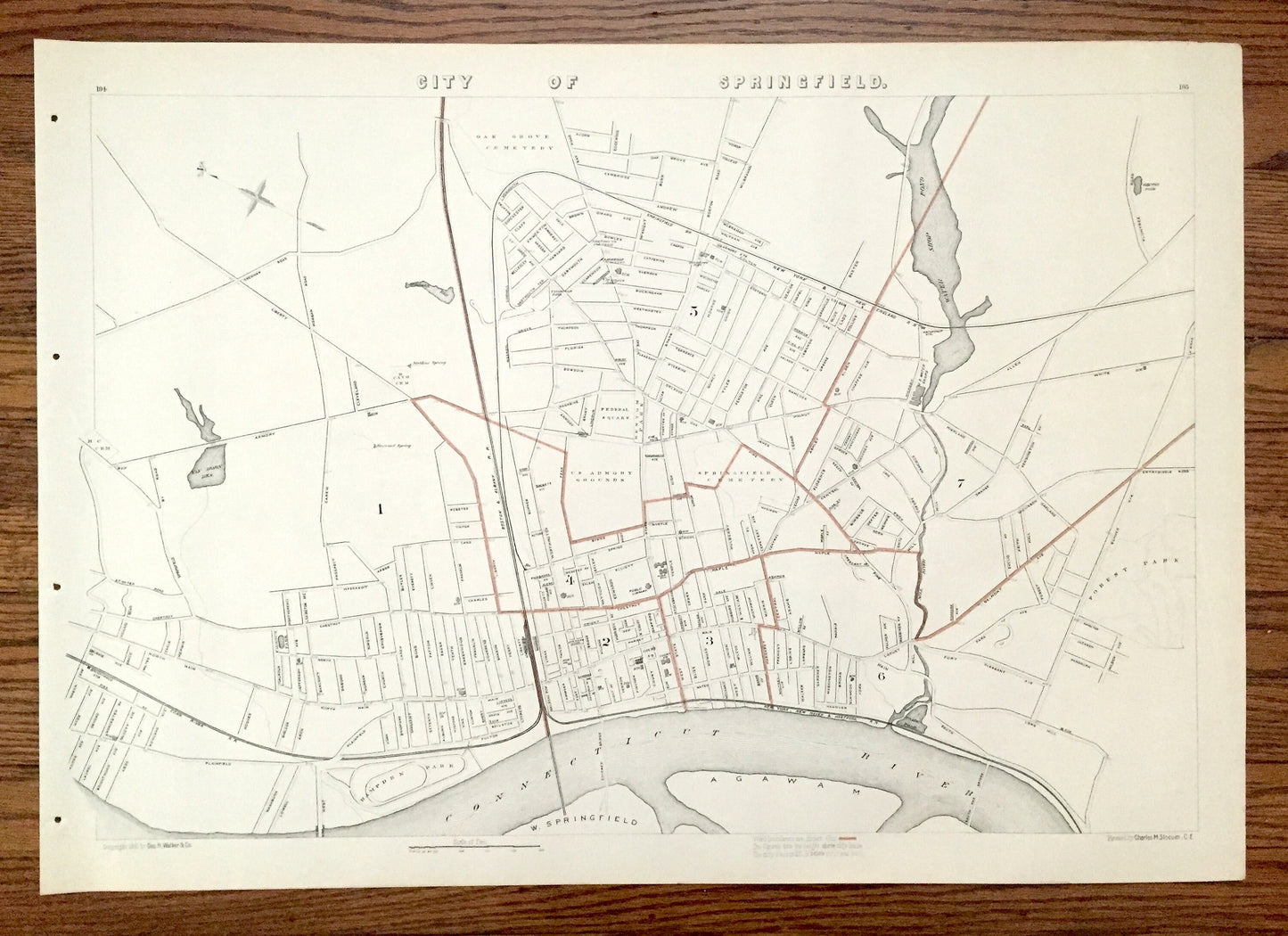 Antique 1891 Springfield, Massachusetts Street Map from George H Walker & Co – Hampden County, Connecticut River, Watershops Pond, MA