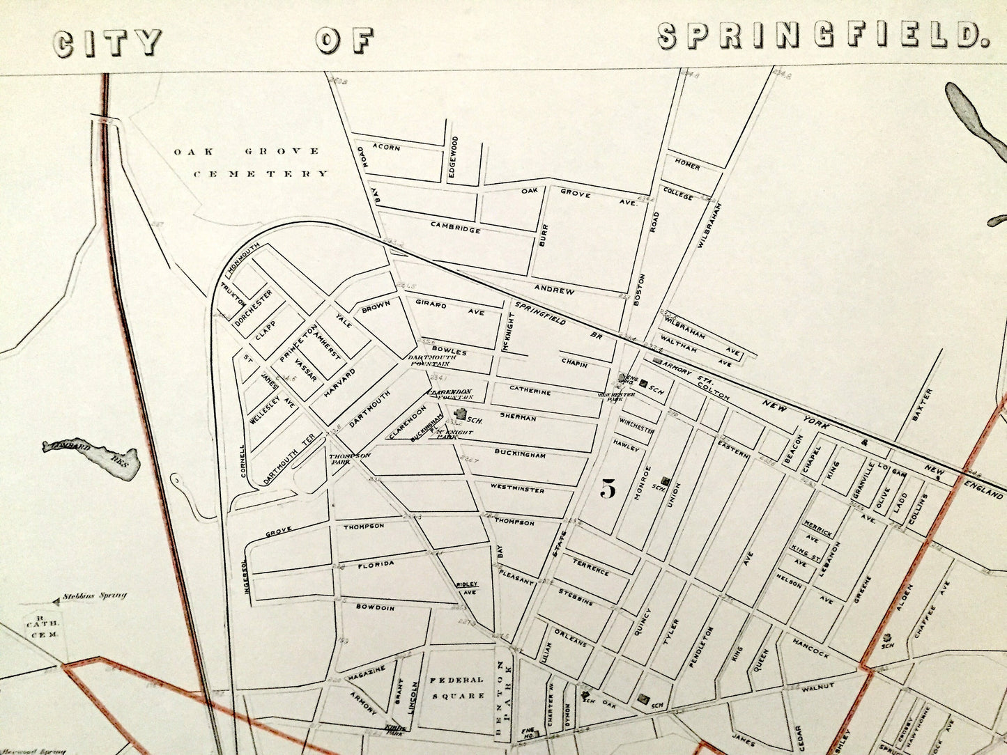 Antique 1891 Springfield, Massachusetts Street Map from George H Walker & Co – Hampden County, Connecticut River, Watershops Pond, MA