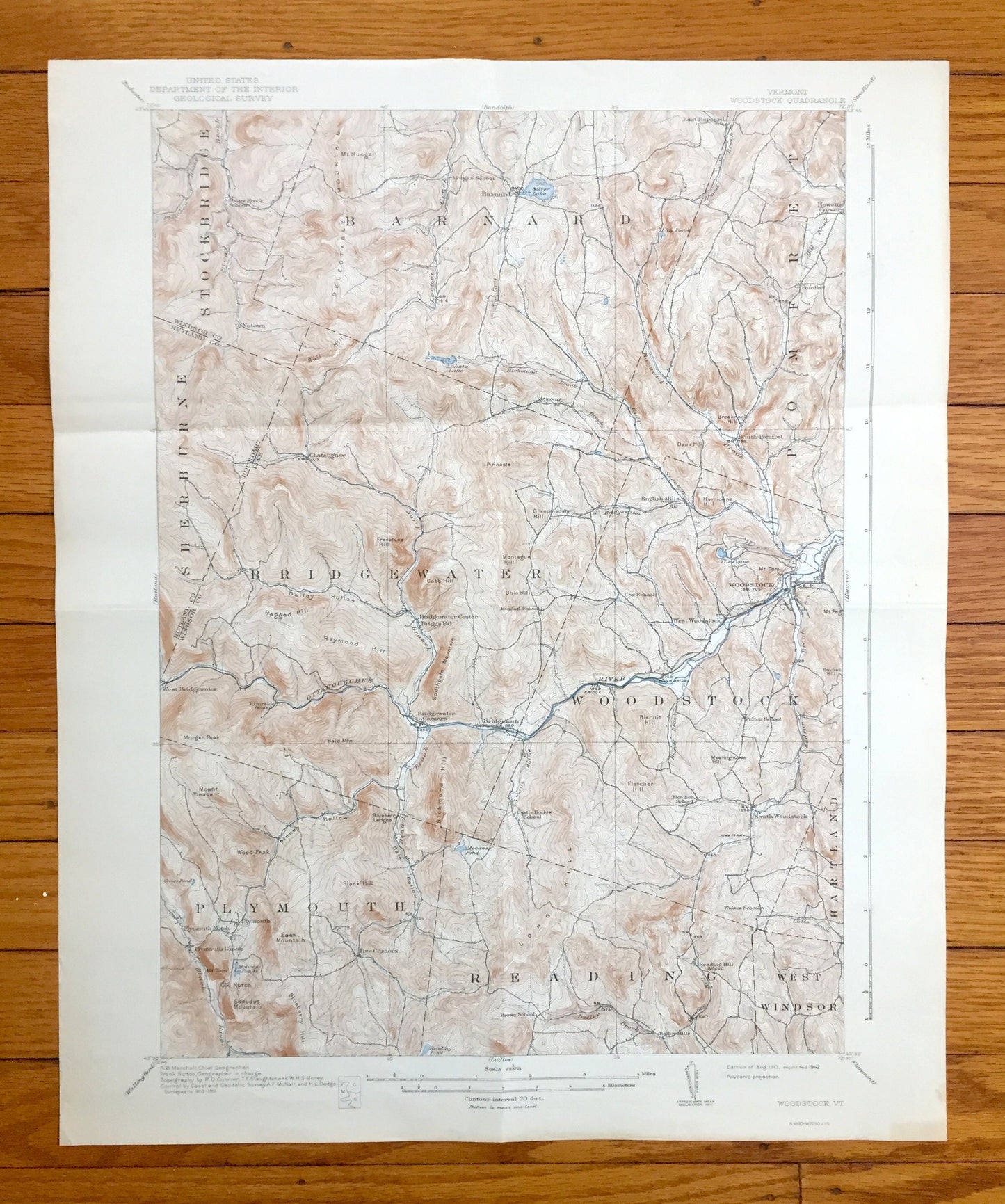 Antique Woodstock, Vermont 1913 US Geological Survey Topographic Map – Barnard, Bridgewater, Plymouth, Reading, West Windsor, Sherburne, VT