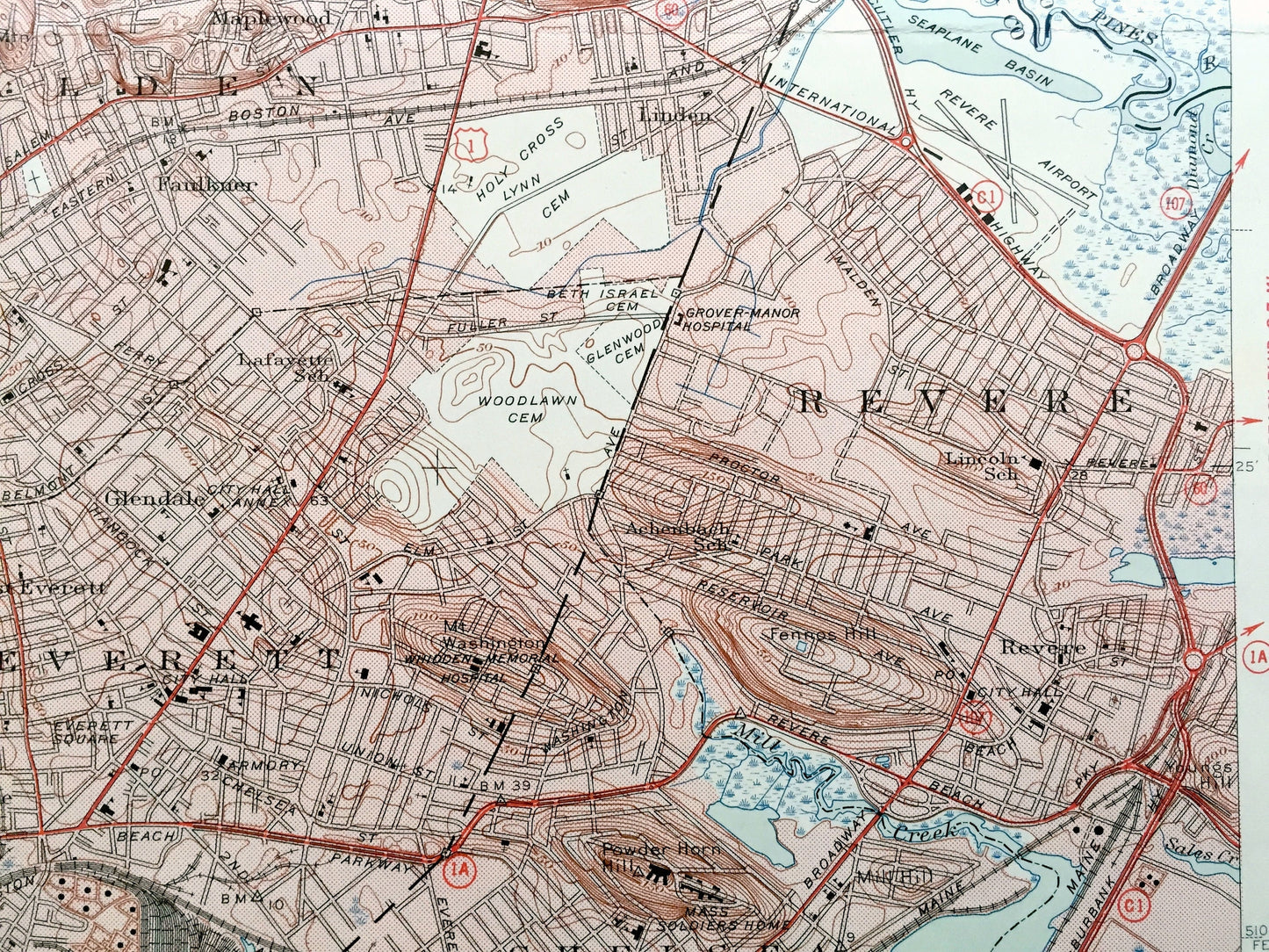 Antique Boston North, Massachusetts 1946 US Geological Survey Topographic Map – Somerville, Everett, Melrose, Saugus, Stoneham, Wakefield MA