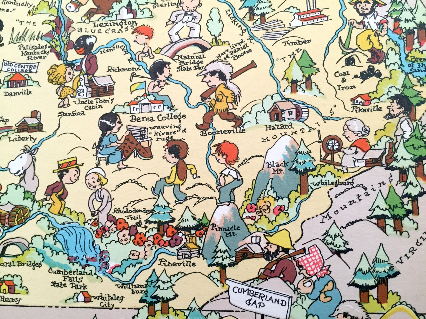 Antique 1935 Kentucky State Map from Our Gay Geography by Ruth Taylor – Louisville, Lexington, Fayette, Bowling Green, Owensboro, KY