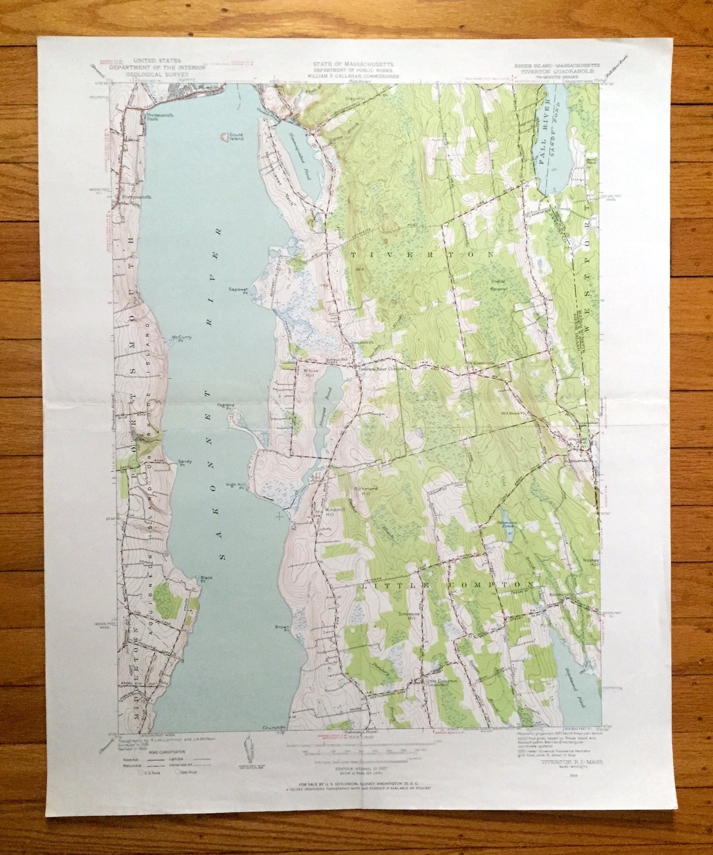 Antique Tiverton, Rhode Island 1949 US Geological Survey Topographic Map – Newport County, Westport, Adamsville, Portsmouth, Middletown, RI