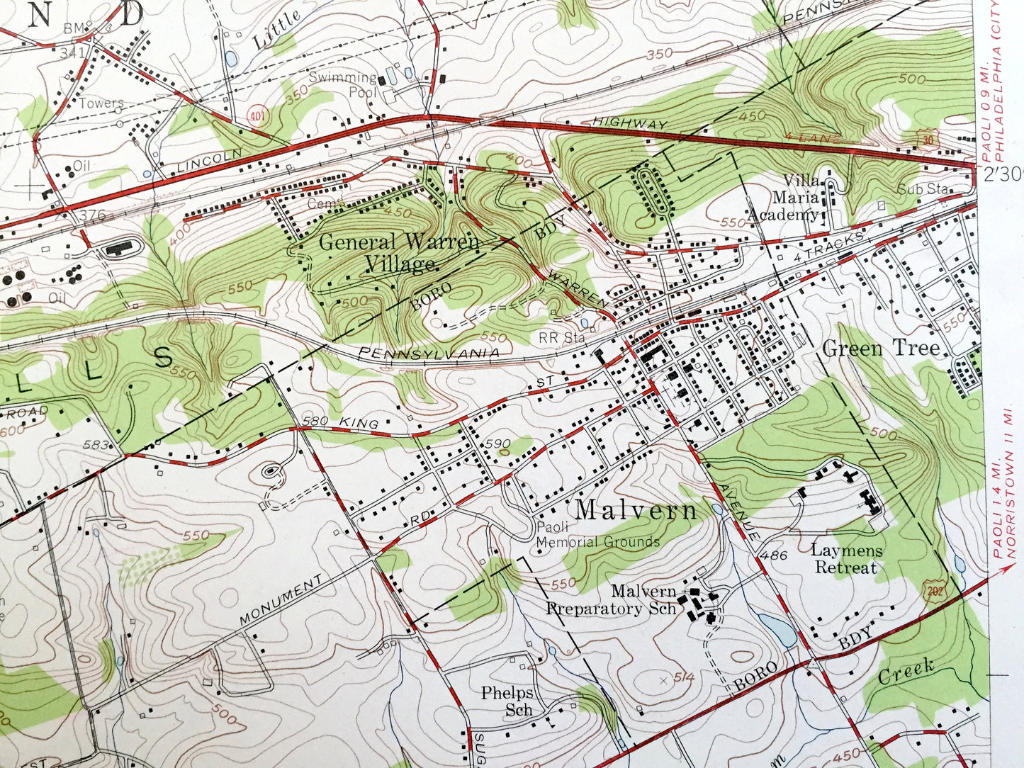 Antique Malvern, Pennsylvania 1955 US Geological Survey Topographic Map – Chester County, Schuylkill, Charlestown, Tredyffrin, Whiteland, PA