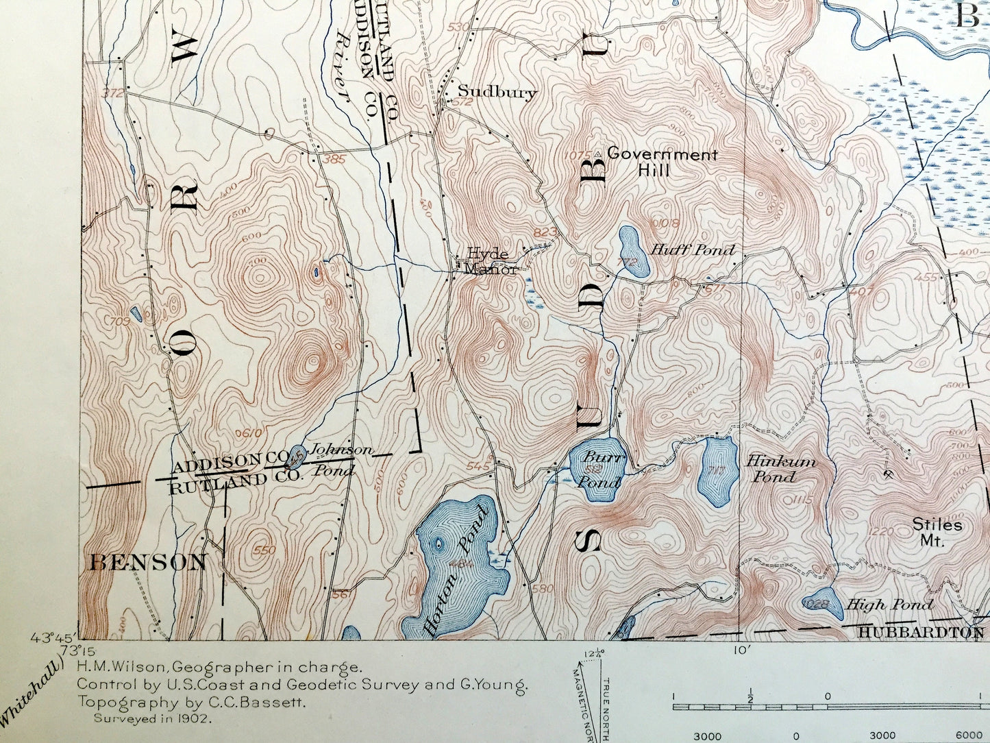 Antique Brandon, Vermont 1902 US Geological Survey Topographic Map – Middlebury, Salisbury, Sudbury, Goshen, Rutland County, Lake Dunmore VT