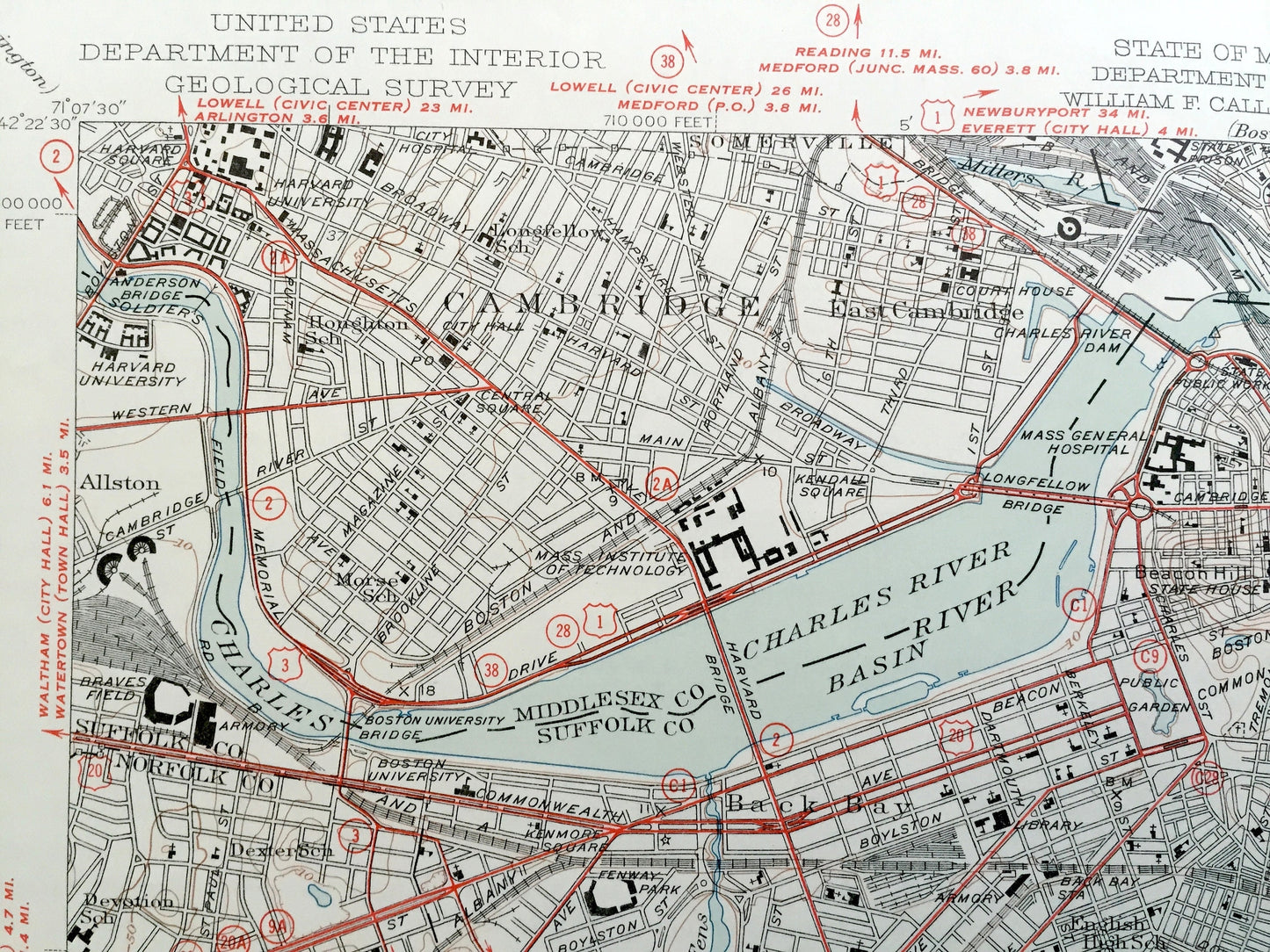 Antique Boston, Massachusetts 1946 US Geological Survey Topographic Map – Quincy, Cambridge, Somerville, Jamaica Plain, Dorchester Milton MA