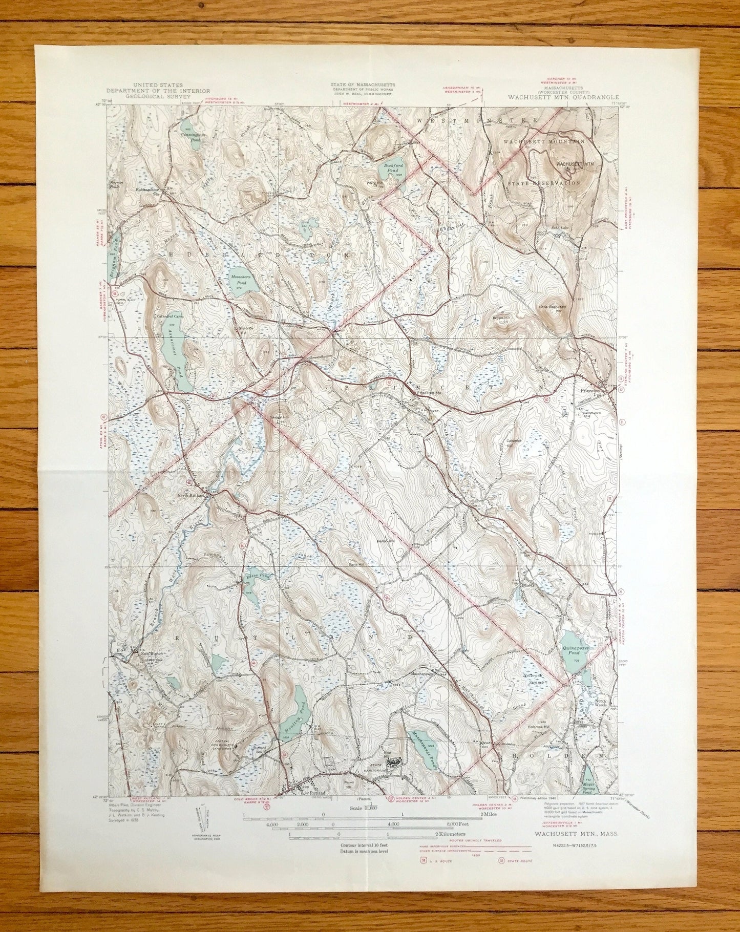 Antique Wachusett Mountain, Massachusetts 1940 US Geological Survey Topographic Map – Princeton, Rutland, Hubbardston, Westminster Holden MA