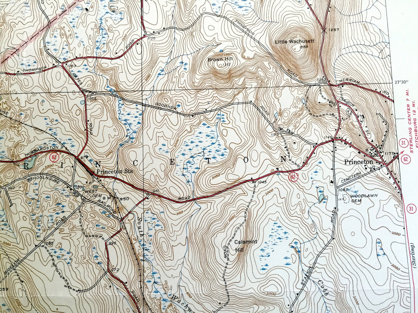 Antique Wachusett Mountain, Massachusetts 1940 US Geological Survey Topographic Map – Princeton, Rutland, Hubbardston, Westminster Holden MA