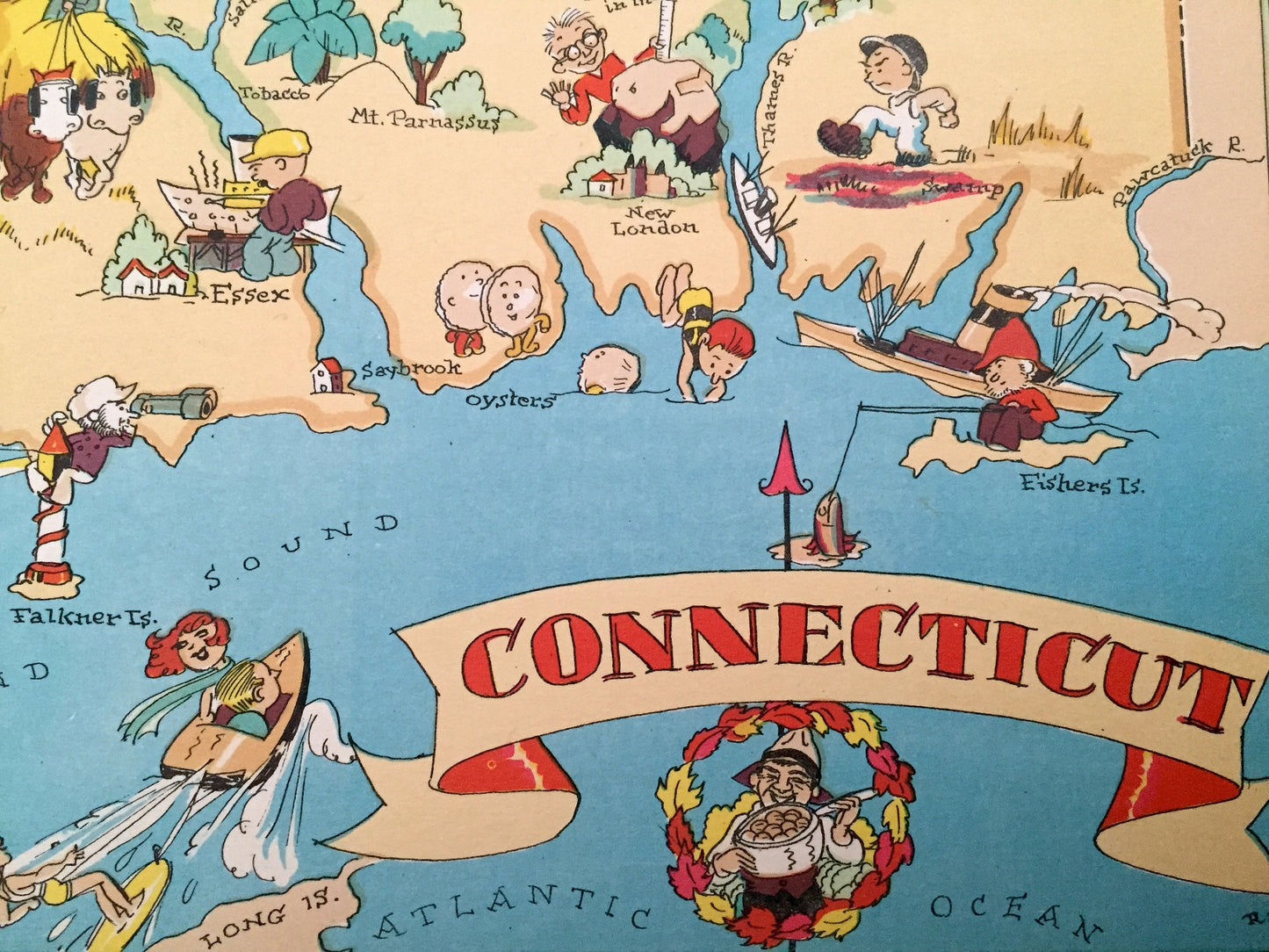 Antique 1935 Connecticut State Map from Our Gay Geography by Ruth Taylor – Hartford, New London, New Haven, Greenwich, Yale, Stamford, CT