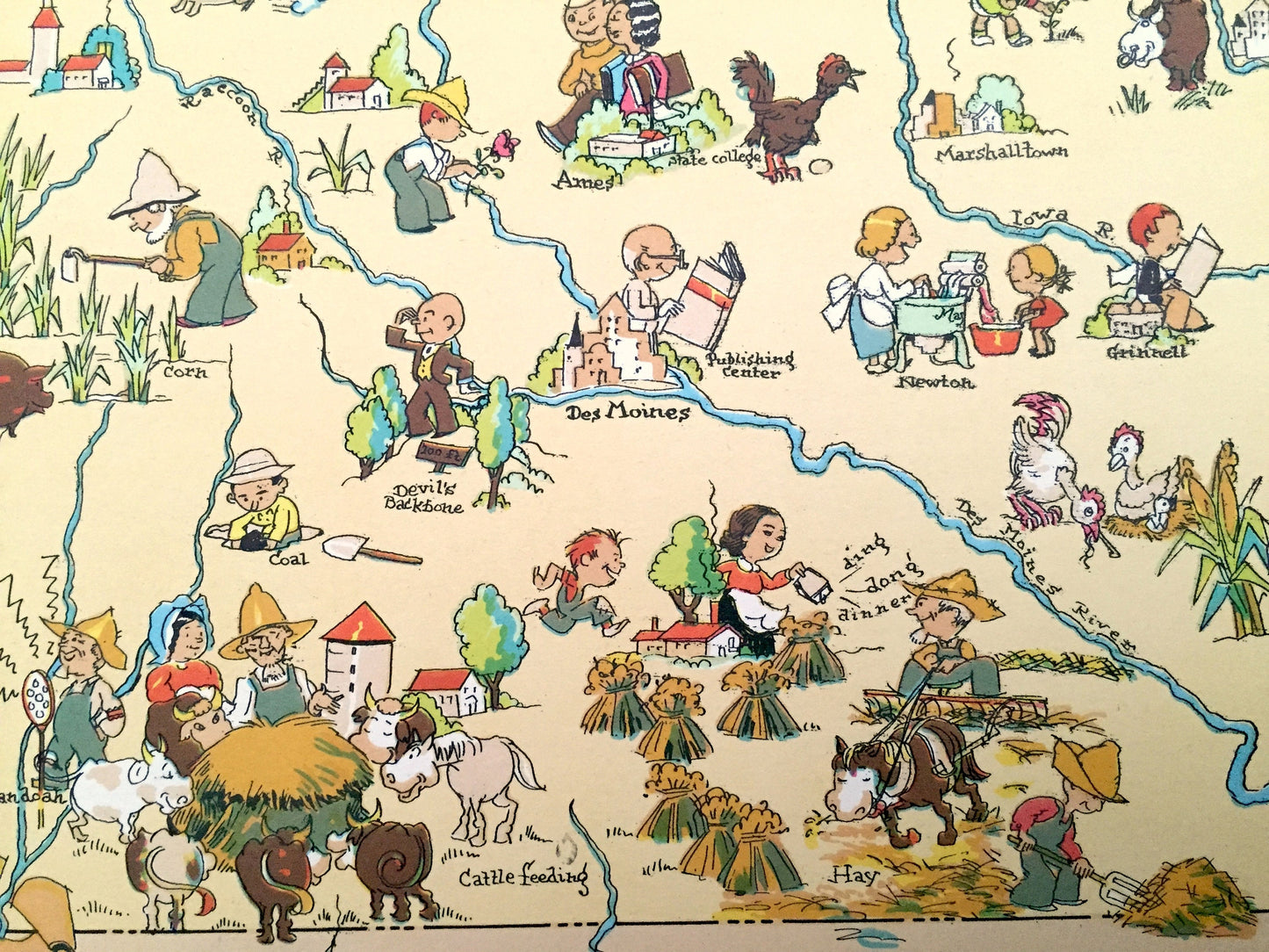 Antique 1935 Iowa State Map from Our Gay Geography by Ruth Taylor – Des Moines, Cedar Rapids, Davenport, Sioux City, Iowa City, Waterloo, IA