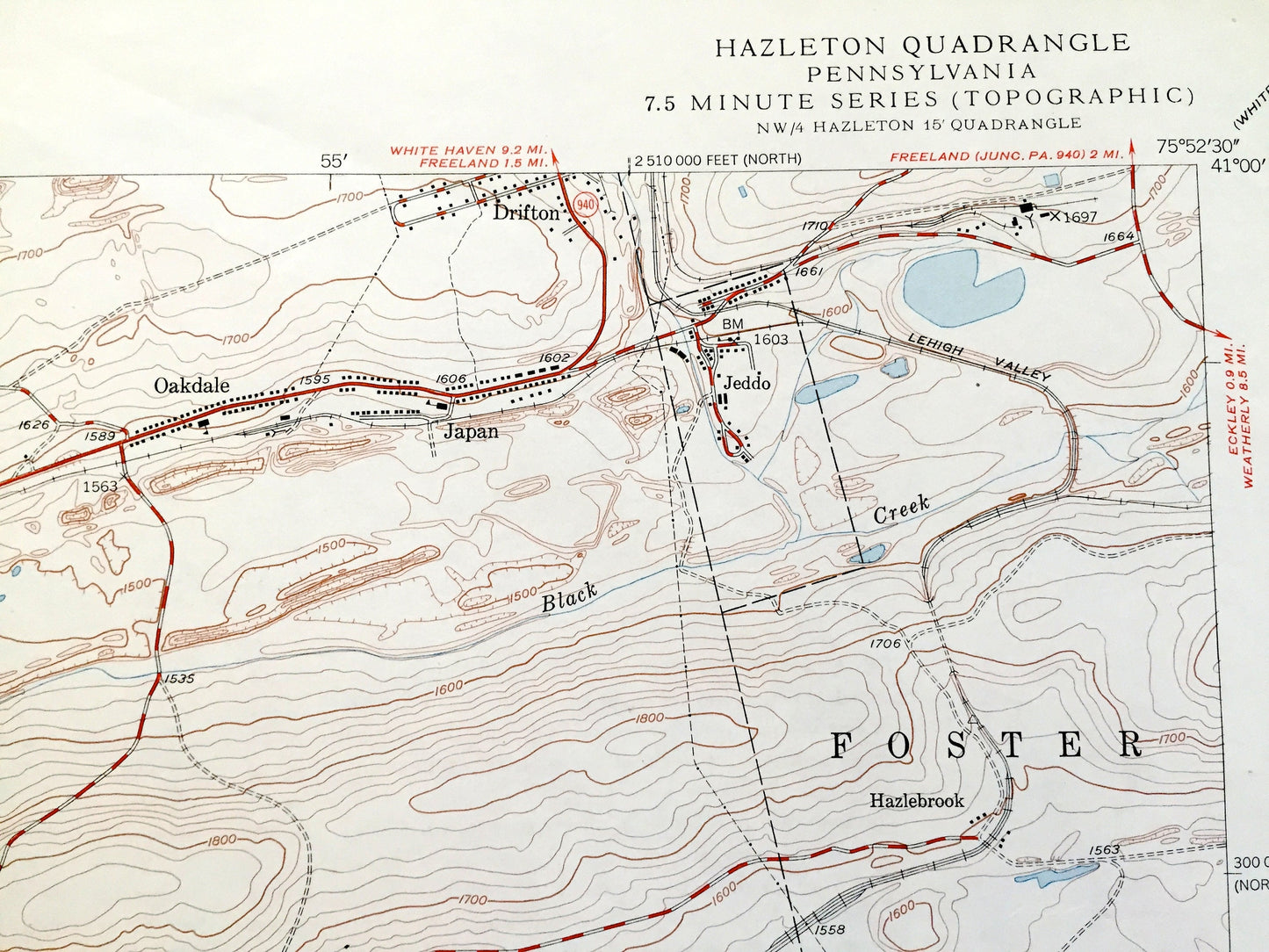 Antique Hazleton, Pennsylvania 1950 US Geological Survey Topographic Map - Luzerne, Carbon, Schuylkill County, Foster, Banks, Packer, PA