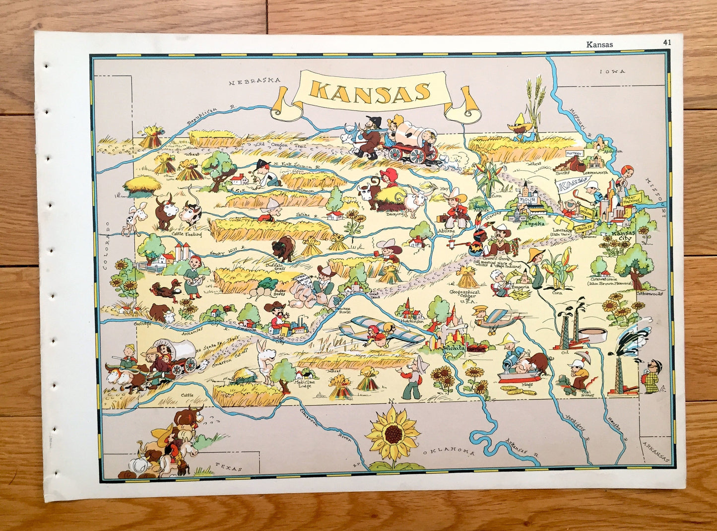 Antique 1935 Kansas State Map from Our Gay Geography by Ruth Taylor – Wichita, Olathe, City, Lawrence, Overland Park, Topeka, Dodge, KS