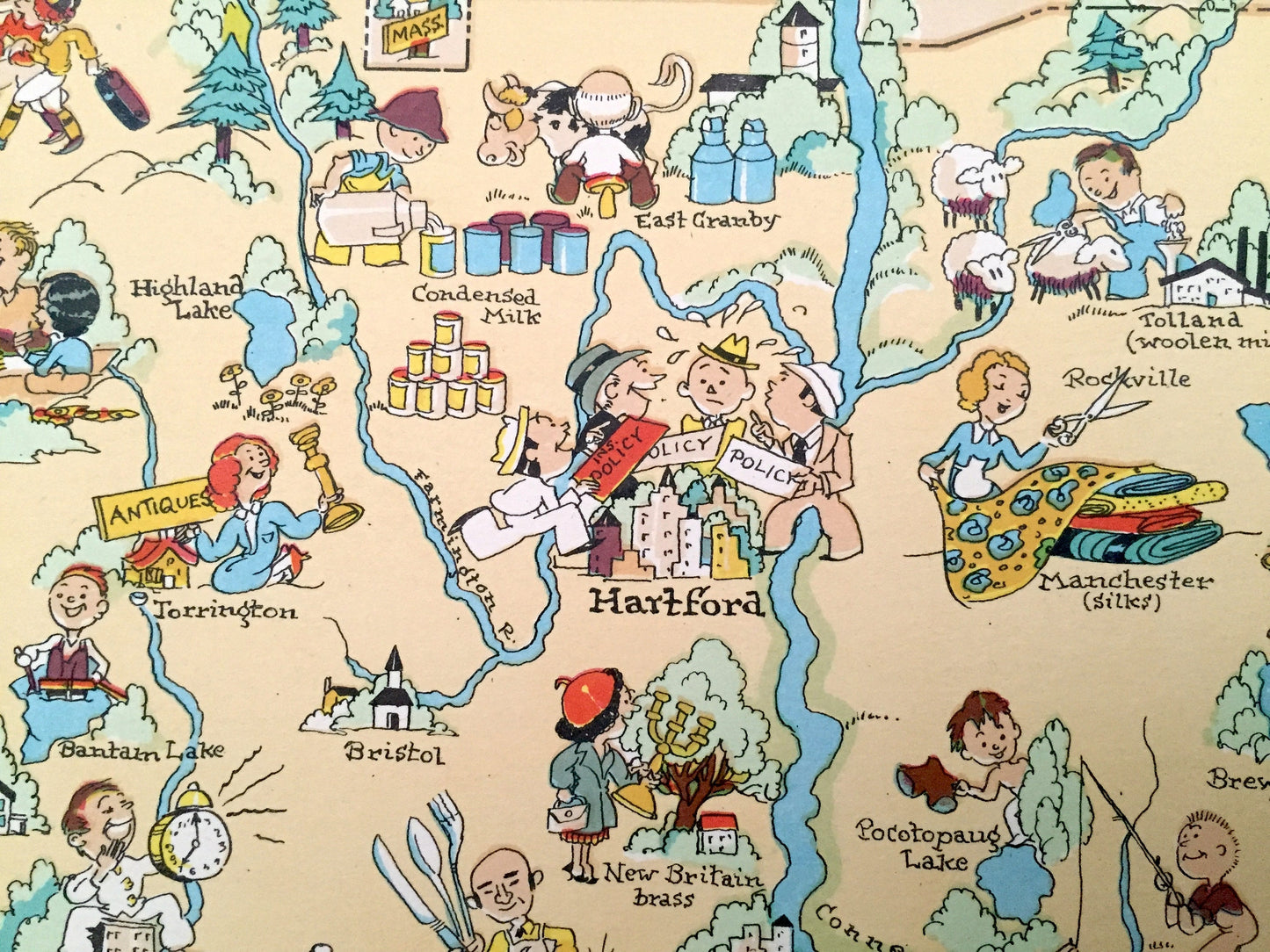 Antique 1935 Connecticut State Map from Our Gay Geography by Ruth Taylor – Hartford, New London, New Haven, Greenwich, Yale, Stamford, CT