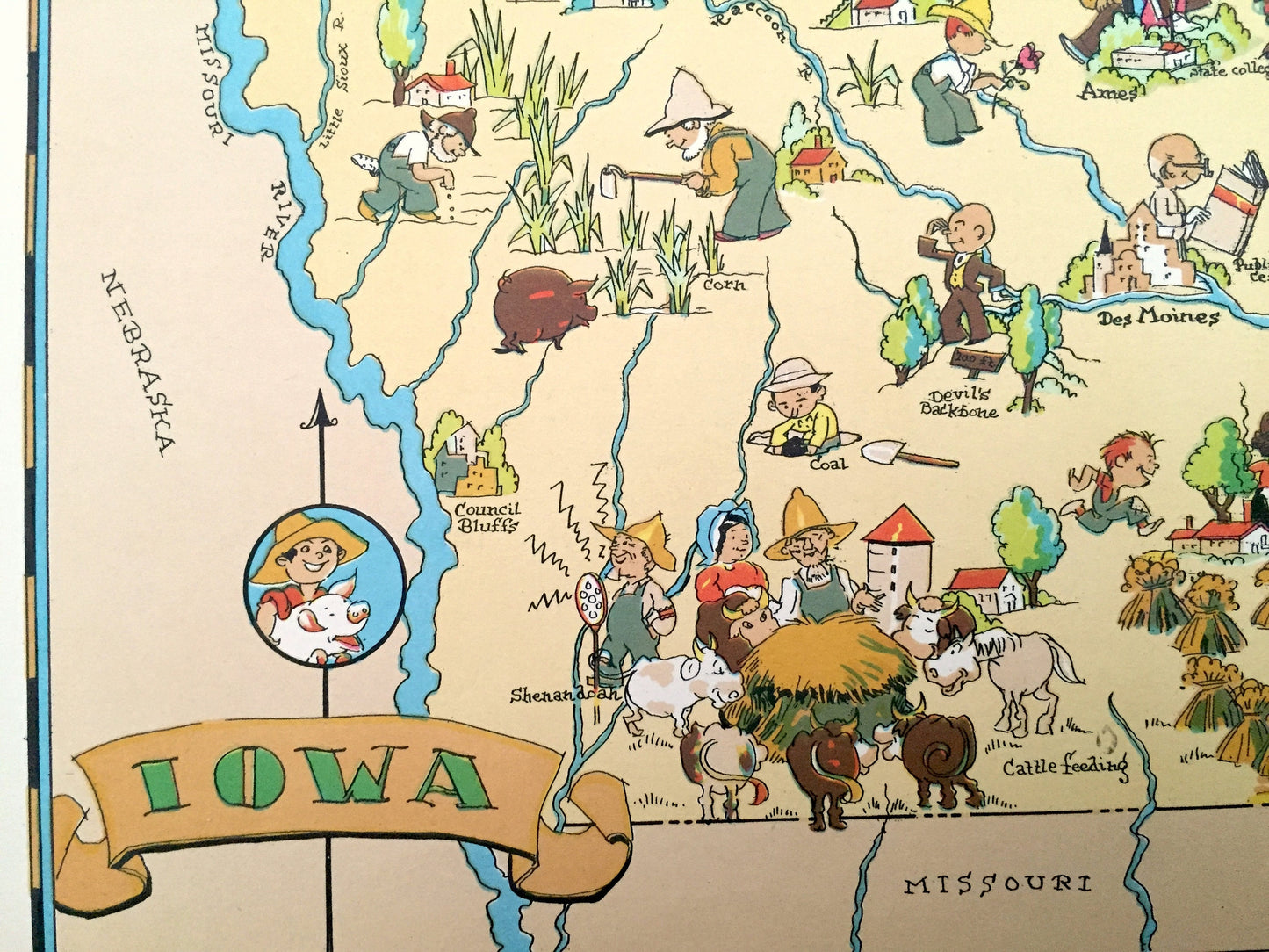Antique 1935 Iowa State Map from Our Gay Geography by Ruth Taylor – Des Moines, Cedar Rapids, Davenport, Sioux City, Iowa City, Waterloo, IA