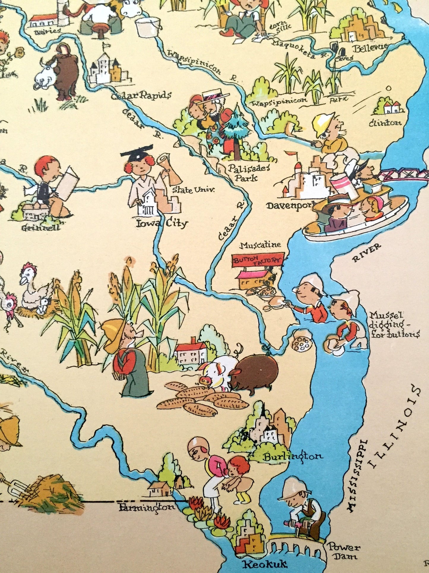 Antique 1935 Iowa State Map from Our Gay Geography by Ruth Taylor – Des Moines, Cedar Rapids, Davenport, Sioux City, Iowa City, Waterloo, IA