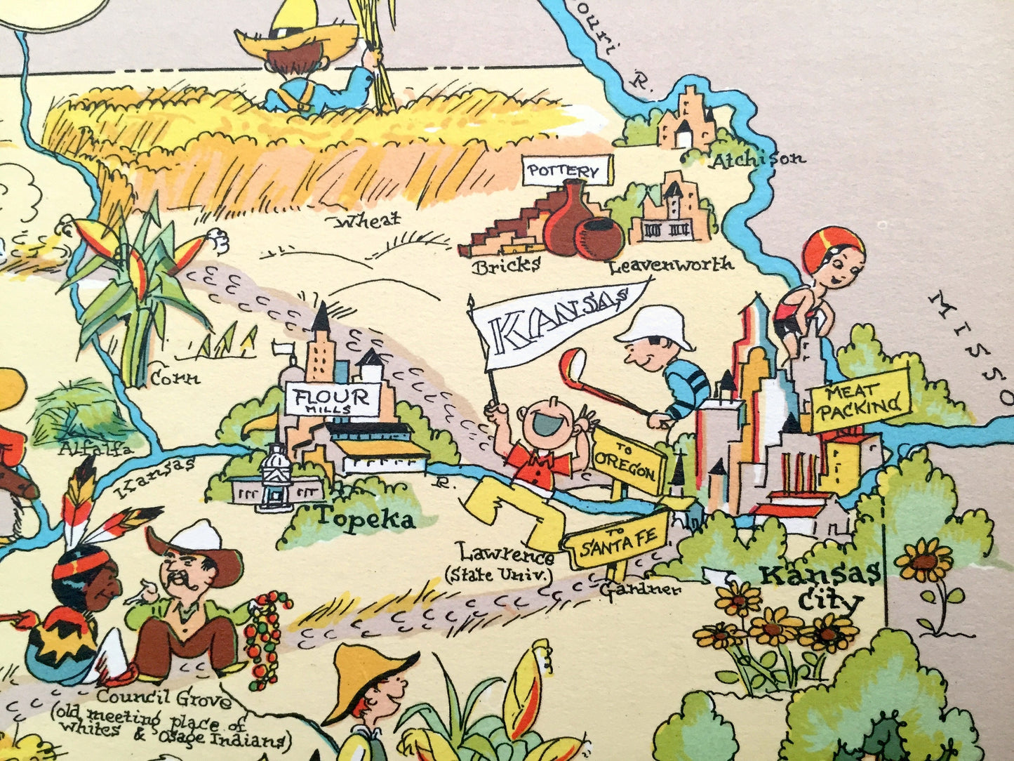 Antique 1935 Kansas State Map from Our Gay Geography by Ruth Taylor – Wichita, Olathe, City, Lawrence, Overland Park, Topeka, Dodge, KS