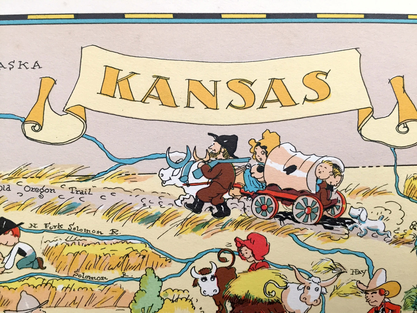 Antique 1935 Kansas State Map from Our Gay Geography by Ruth Taylor – Wichita, Olathe, City, Lawrence, Overland Park, Topeka, Dodge, KS