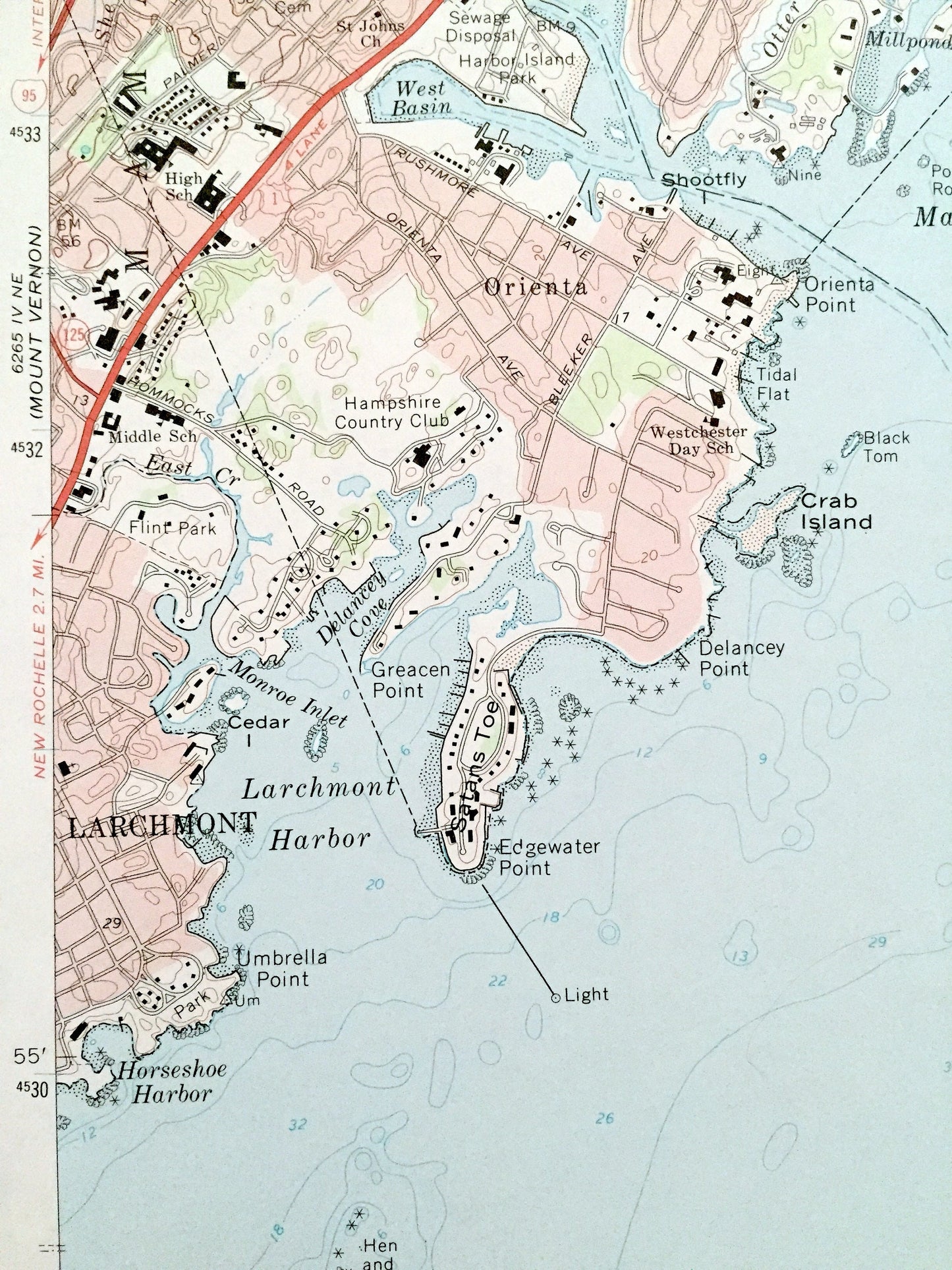 Antique Mamaroneck, New York 1967 US Geological Survey Topographic Map – Westchester, Nassau County, White Plains, Rye, Connecticut NY