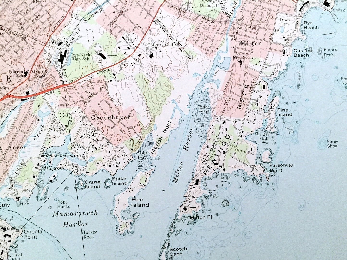Antique Mamaroneck, New York 1967 US Geological Survey Topographic Map – Westchester, Nassau County, White Plains, Rye, Connecticut NY