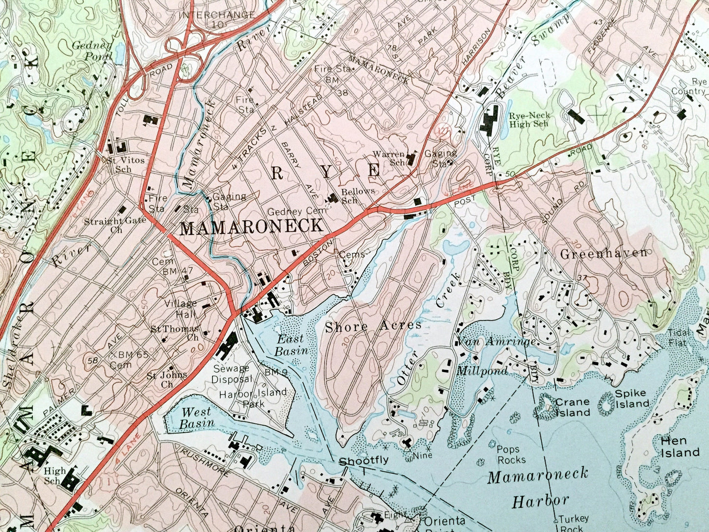 Antique Mamaroneck, New York 1967 US Geological Survey Topographic Map – Westchester, Nassau County, White Plains, Rye, Connecticut NY