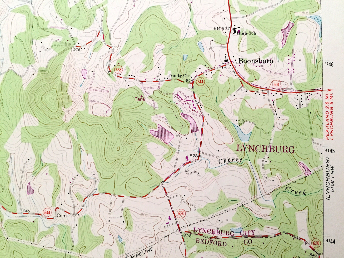 Antique Boonsboro, Virginia 1965 US Geological Survey Topographic Map – Bedford County, Lynchburg, Coleman Falls, Ivy Creek Lake, Golf VA