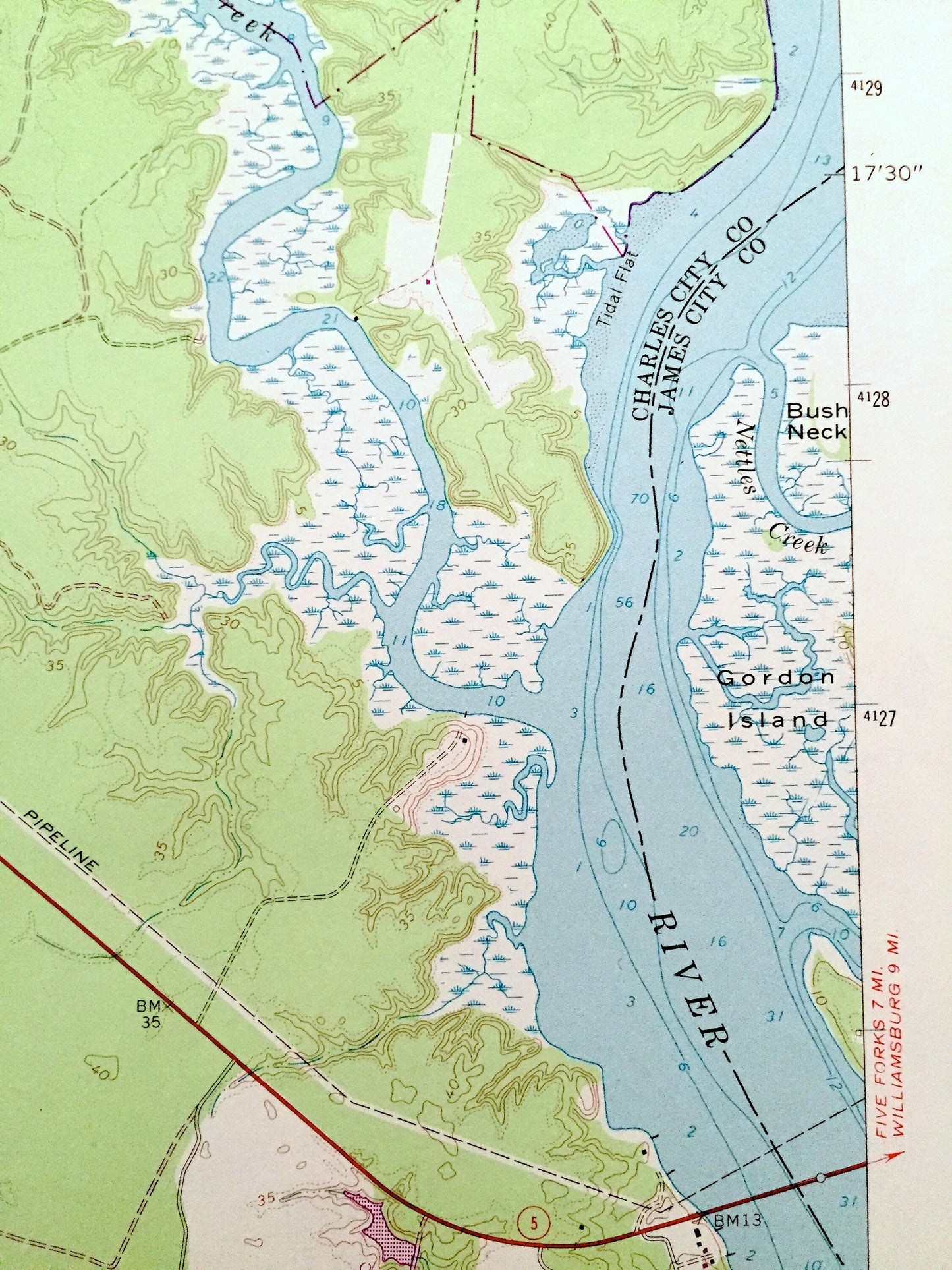 Antique Brandon, Virginia 1965 US Geological Survey Topographic Map – Charles City, James City County, James River, Chickahominy Wildlife VA