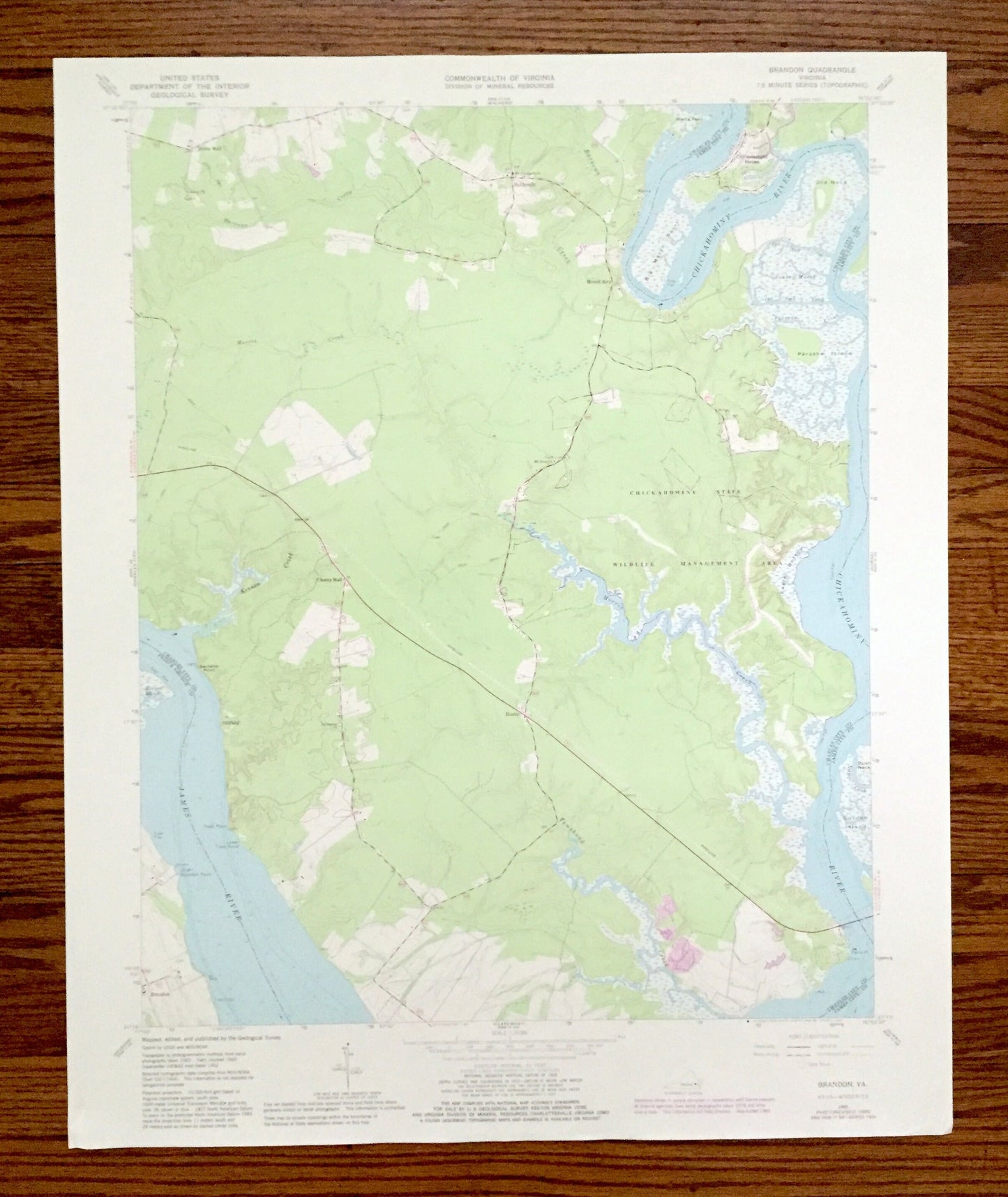 Antique Brandon, Virginia 1965 US Geological Survey Topographic Map – Charles City, James City County, James River, Chickahominy Wildlife VA