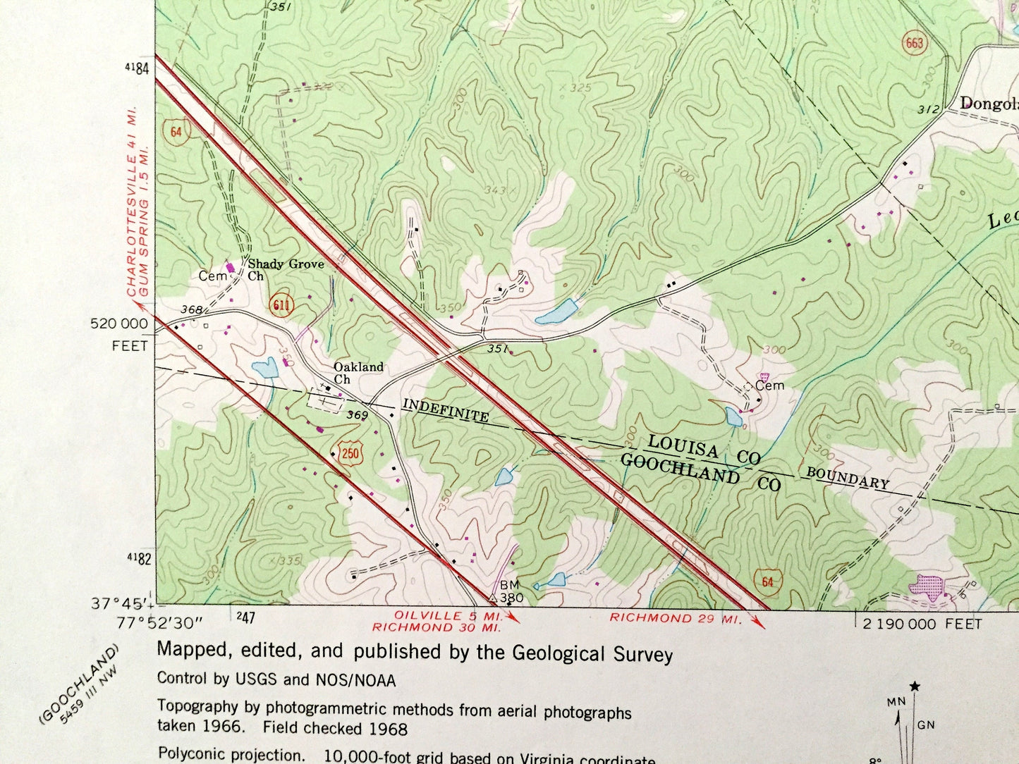 Antique Dabneys, Virginia 1968 US Geological Survey Topographic Map – Louisa, Hanover, Goochland County, Jackson, South Anna River, VA