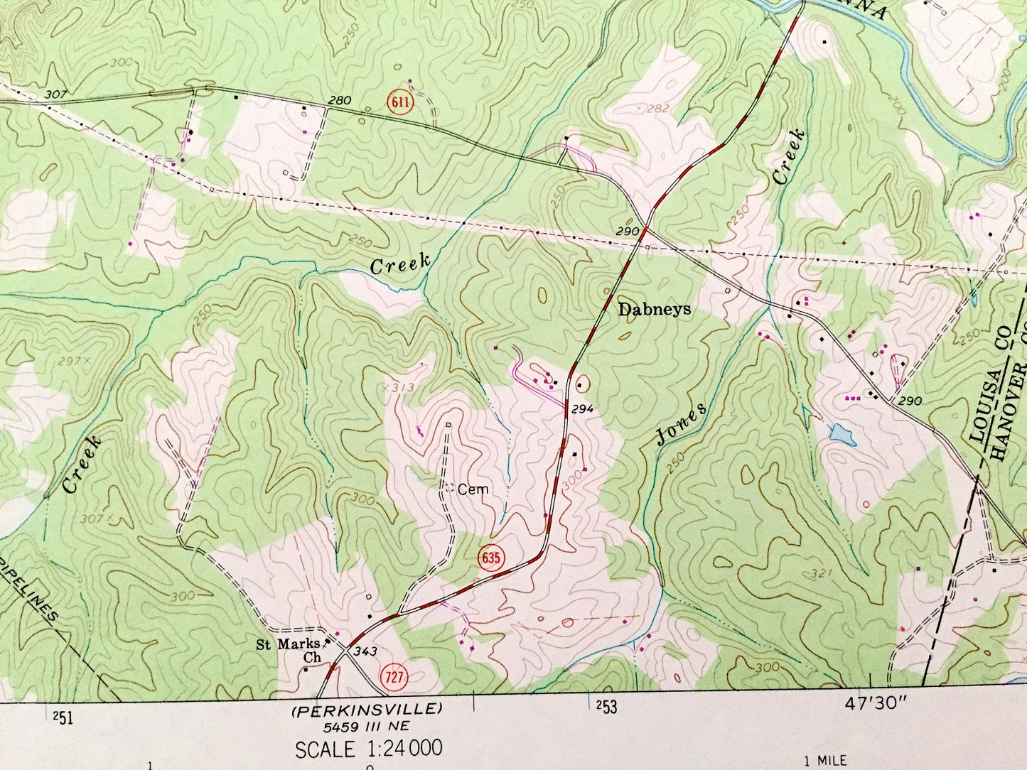 Antique Dabneys, Virginia 1968 US Geological Survey Topographic Map – Louisa, Hanover, Goochland County, Jackson, South Anna River, VA