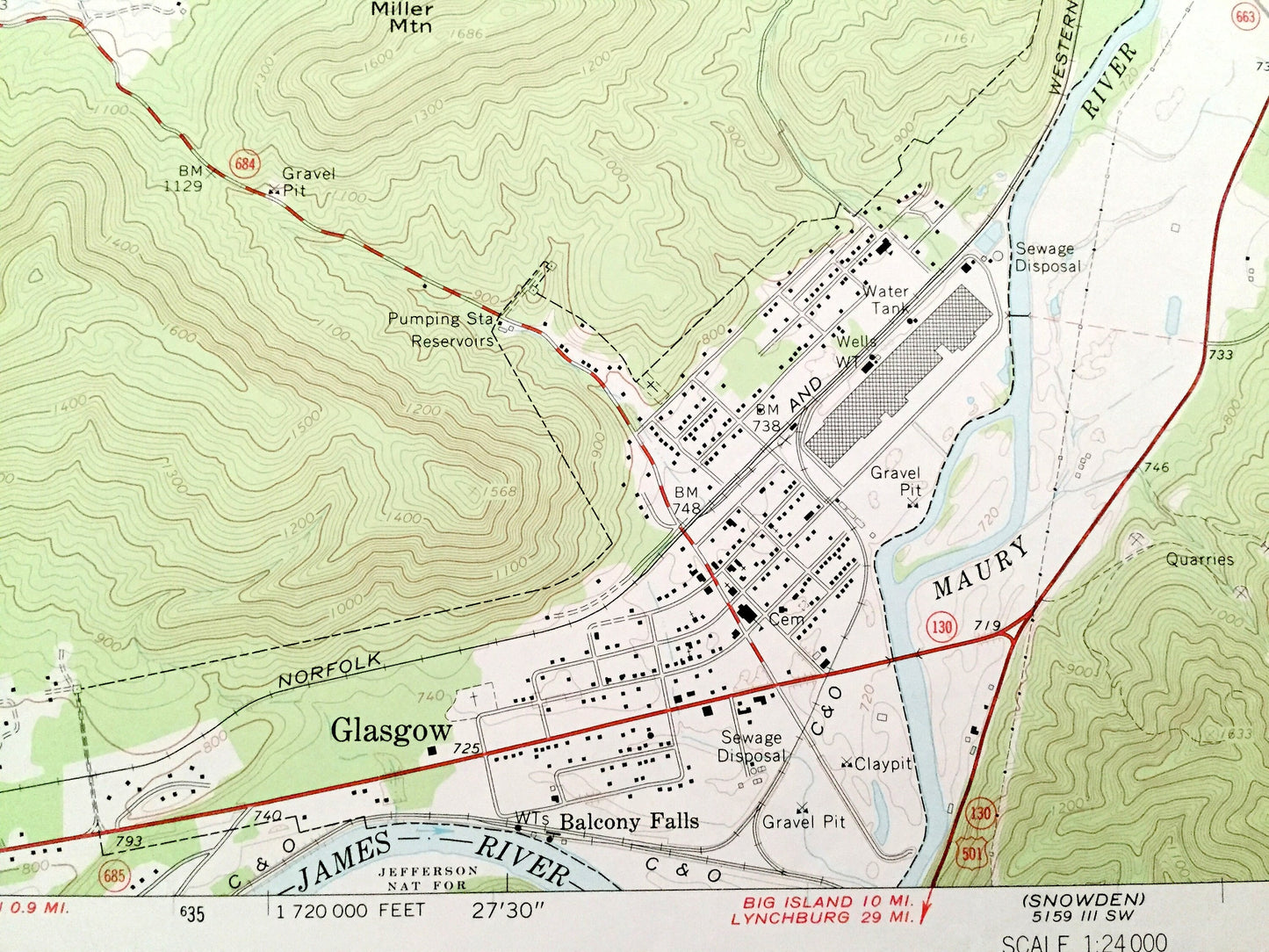 Antique Glasgow, Virginia 1965 US Geological Survey Topographic Map – Rockbridge County, George Washington National Forest, Maury River, VA