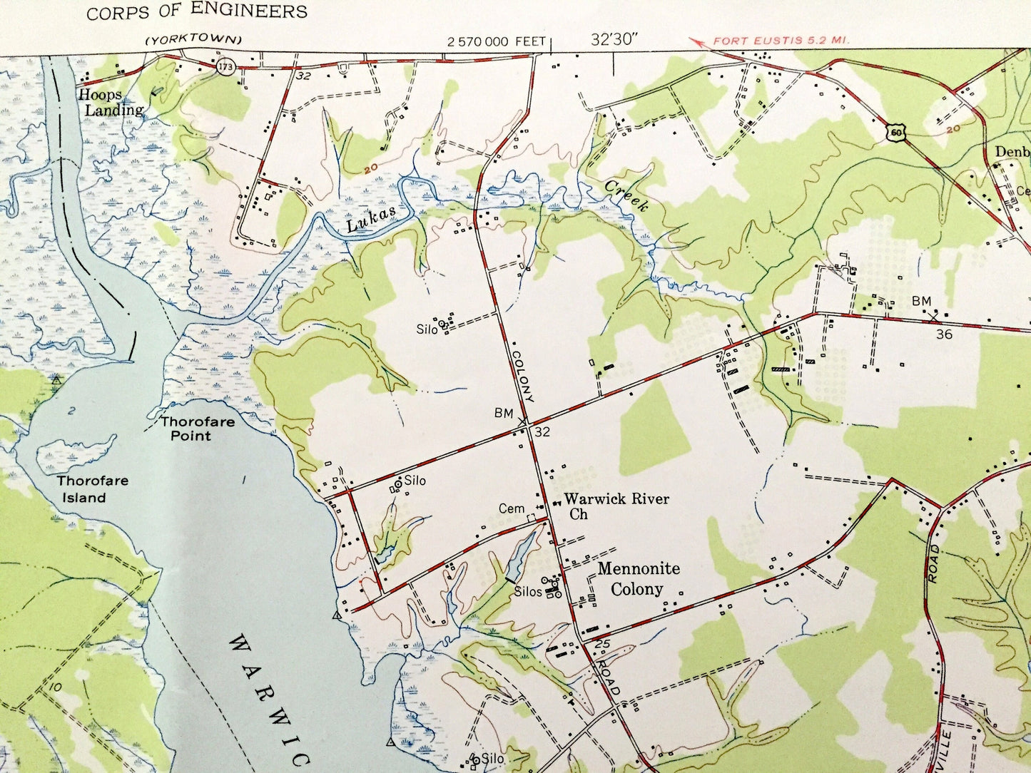 Antique Mulberry Island, Virginia 1950 US Geological Survey Topographic Map – Warwick, Isle of Wight County, James River, Fort Eustis, VA