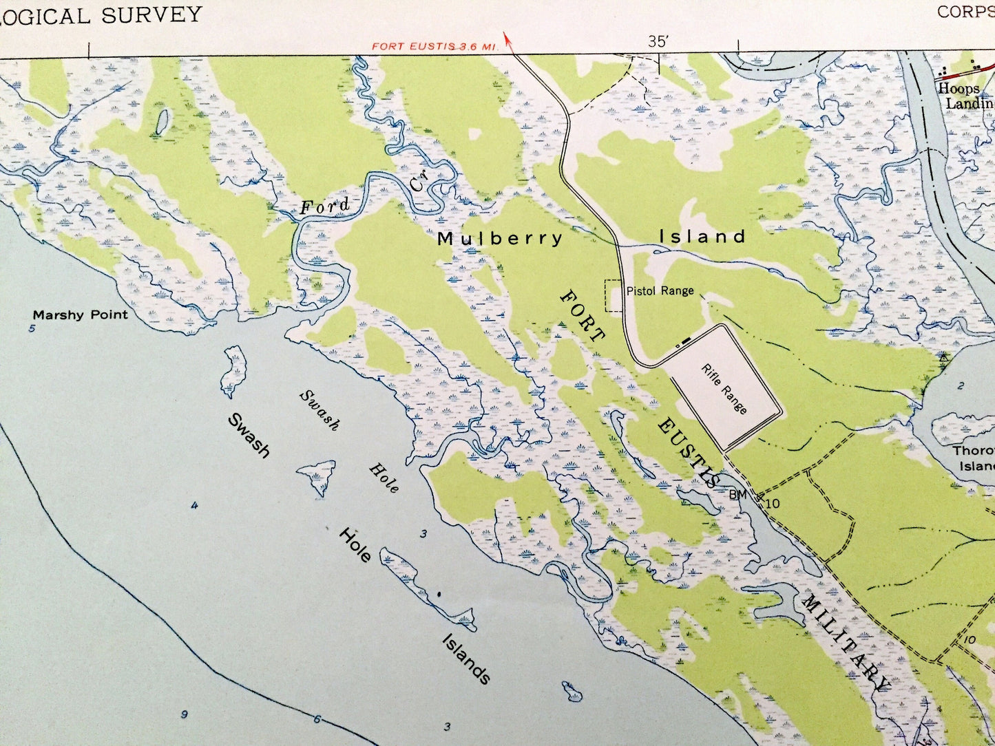 Antique Mulberry Island, Virginia 1950 US Geological Survey Topographic Map – Warwick, Isle of Wight County, James River, Fort Eustis, VA