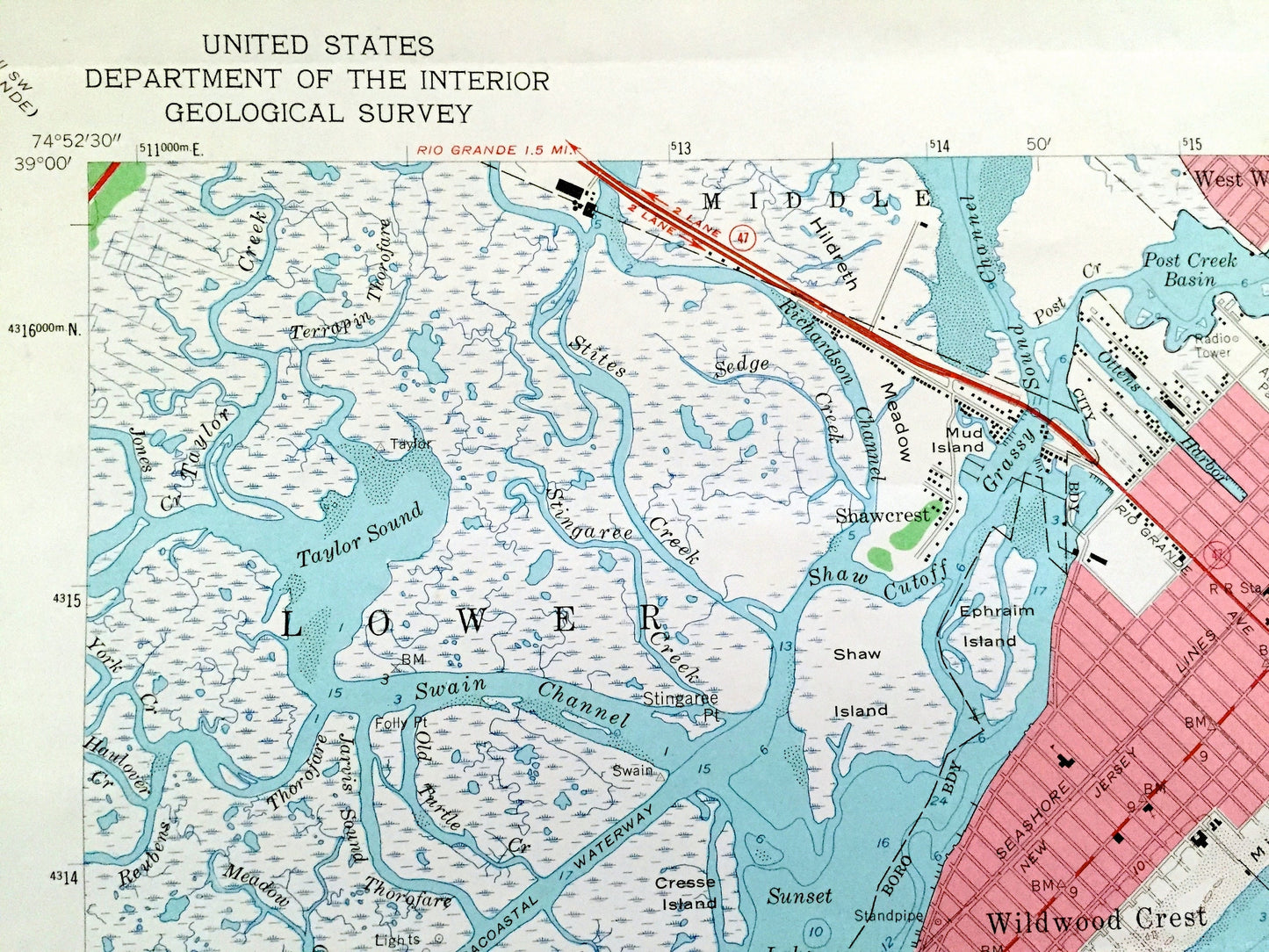 Antique Wildwood, New Jersey 1955 US Geological Survey Topographic Map – Cape May County, Lower Township, Middle, Coast Guard, Shore, NJ