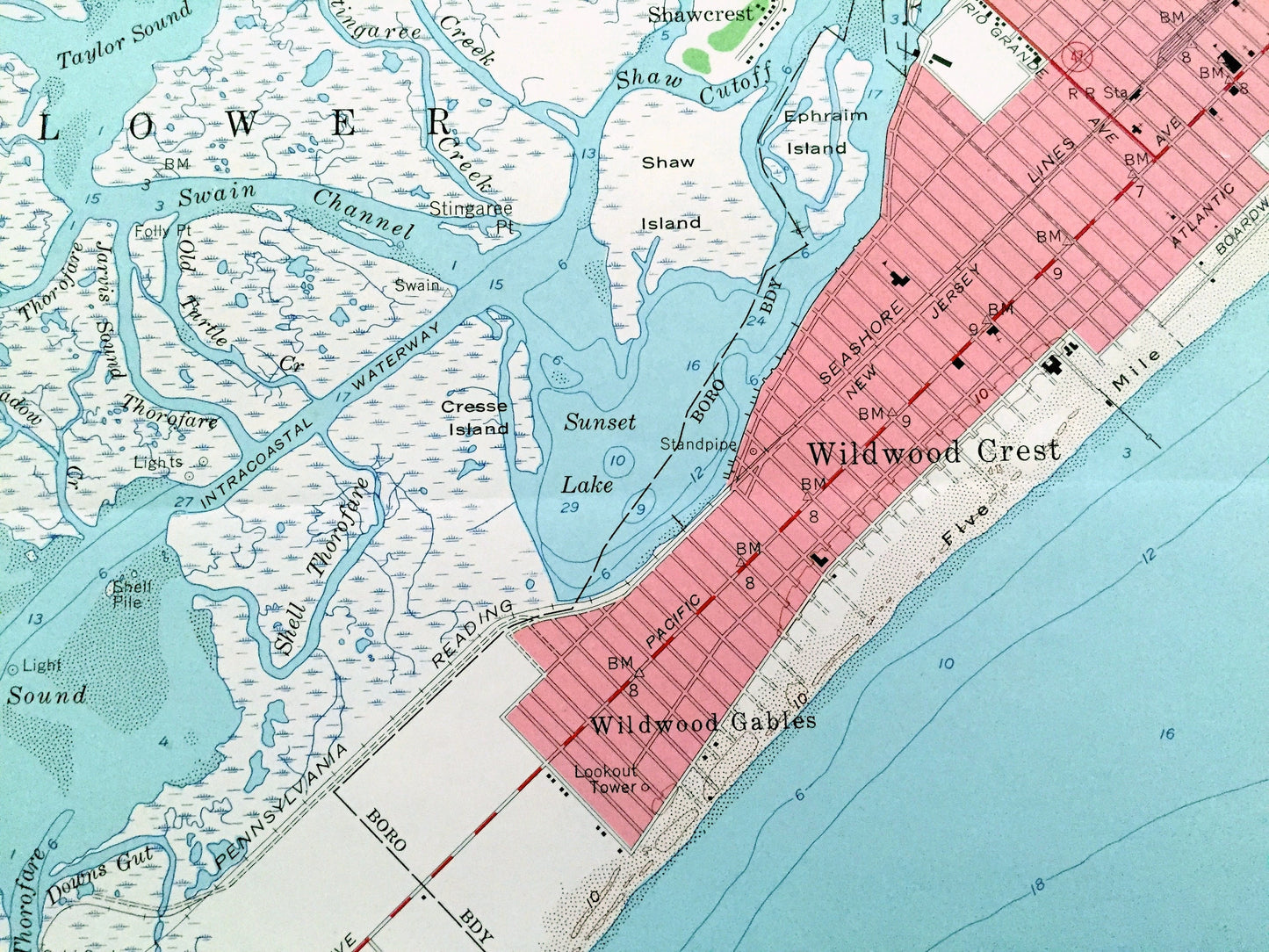 Antique Wildwood, New Jersey 1955 US Geological Survey Topographic Map – Cape May County, Lower Township, Middle, Coast Guard, Shore, NJ