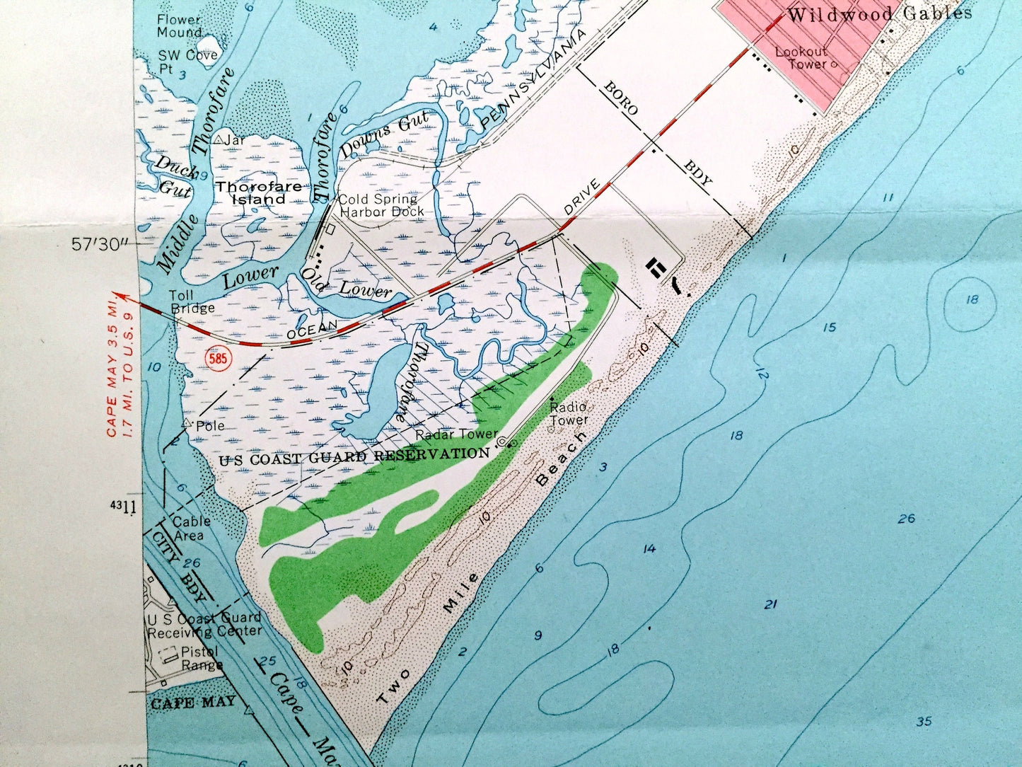 Antique Wildwood, New Jersey 1955 US Geological Survey Topographic Map – Cape May County, Lower Township, Middle, Coast Guard, Shore, NJ