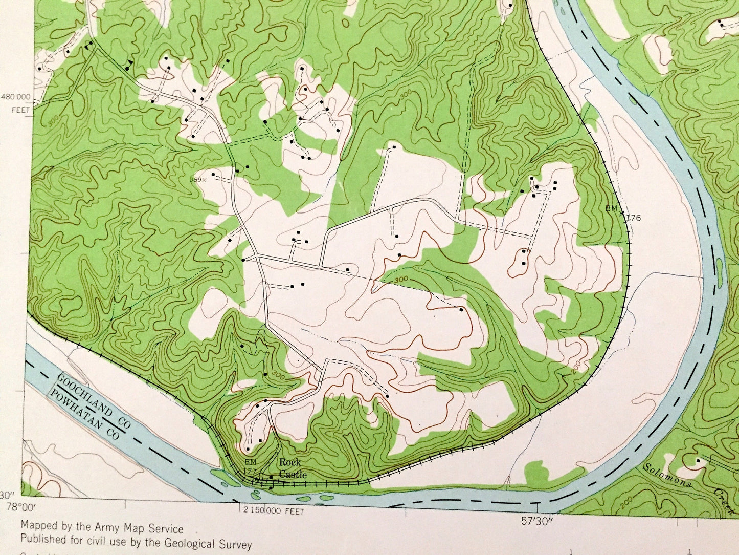 Antique Goochland, Virginia 1943 US Geological Survey Topographic Map – Powhatan County, State Park, James River, Maidens, Dogtown VA