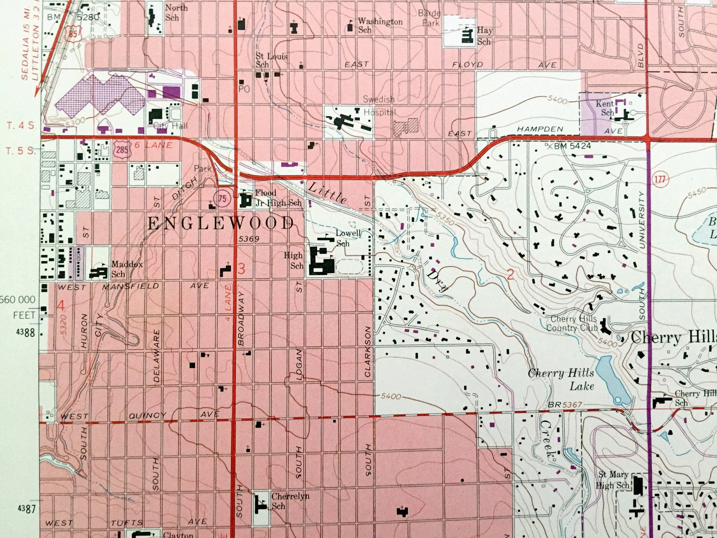 Antique Englewood, Colorado 1965 US Geological Survey Topographic Map – Arapahoe County, Denver, Aurora, Glendale, Cherry Hills, Sullivan CO